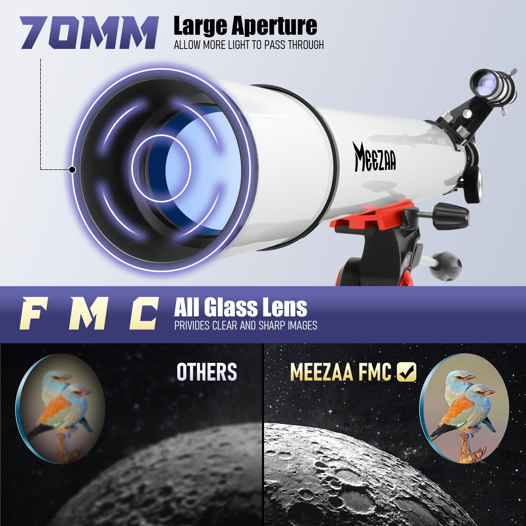 MEEZAA Teleskop, Teleskop Astronomie Erwachsene Profi, 70mm Blende 700mm Refraktor Teleskope für Einsteiger und Anfänger, Tragbare Reiseteleskope mit Edelstahl-Stativ, Handyhalterung und Tragetasche