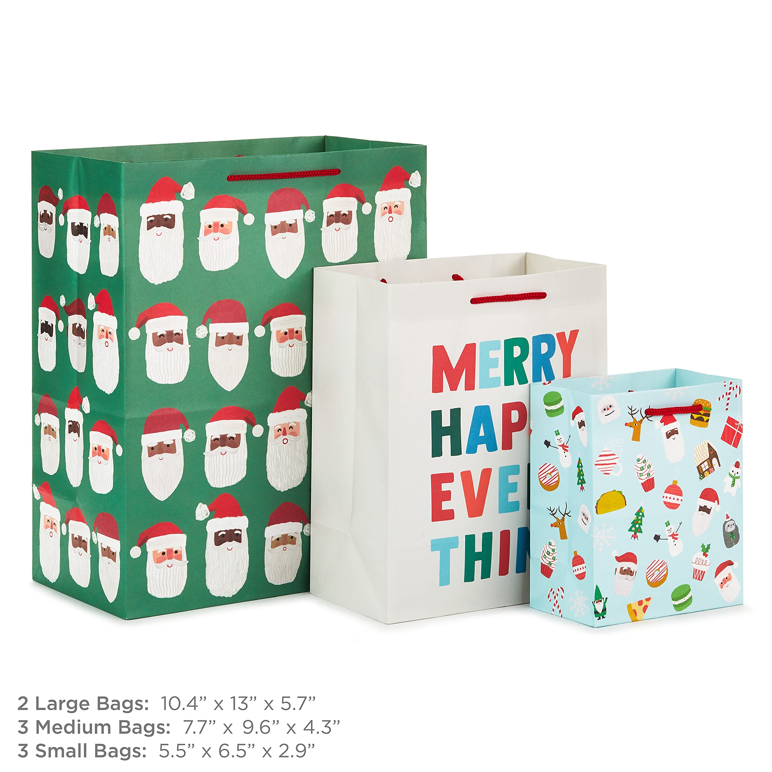 Hallmark Christmas Gift Bag Assortment (8 Holiday Bags; 3 Small 6", 3 Medium 9", 2 Large 13") Multicultural Santa Claus, Merry Happy Everything, Tacos, Donuts, Pizza, for Kids, Teachers, Foodies