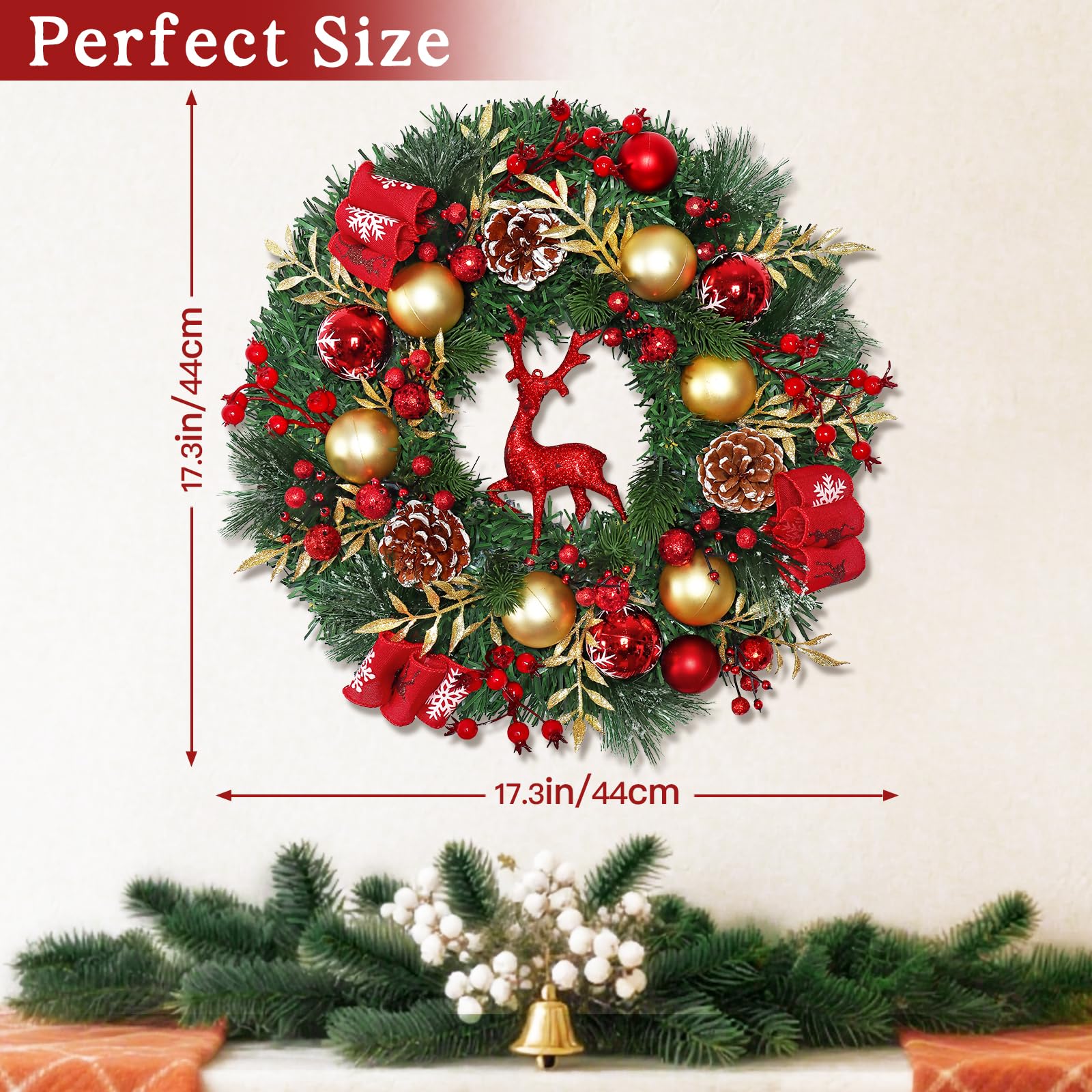 Dremisland Rot Rentier Weihnachtskranz für Haustür 44cm Künstliche Tannenkranz Adventskranz Türkranz Weihnachten Außen Ball Türschmuck Beerenhaufen Grün Weihnachtsdeko Innen Außen Wand Wohnkultur