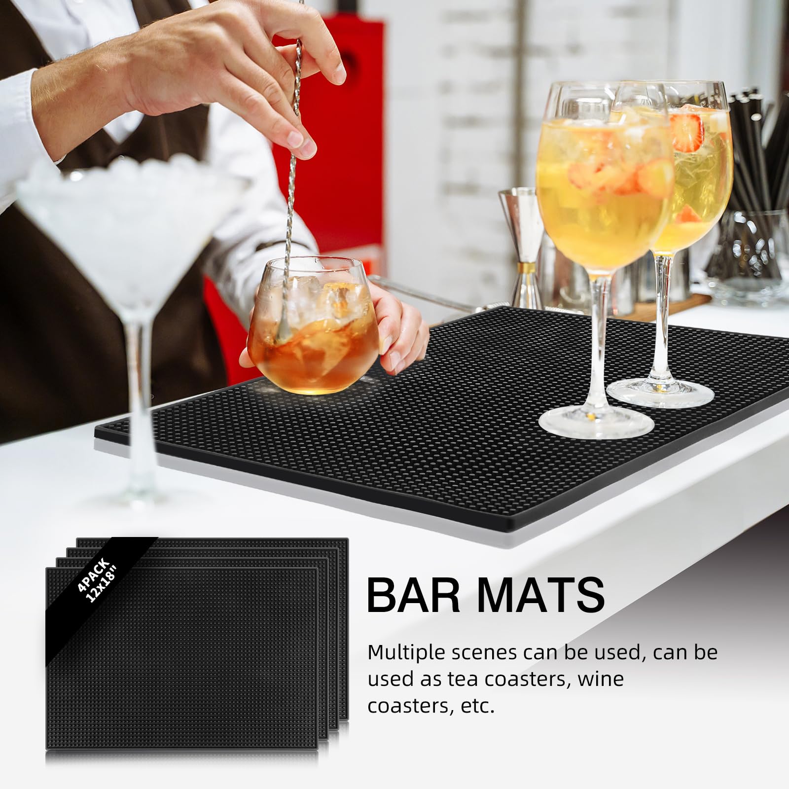 4 alfombrillas de bar para encimera de 45,7 x 30,5 cm, goma de silicona, para secado de barras, café, antideslizantes, para bar, hogar, cócteles, bares, restaurantes (negro)