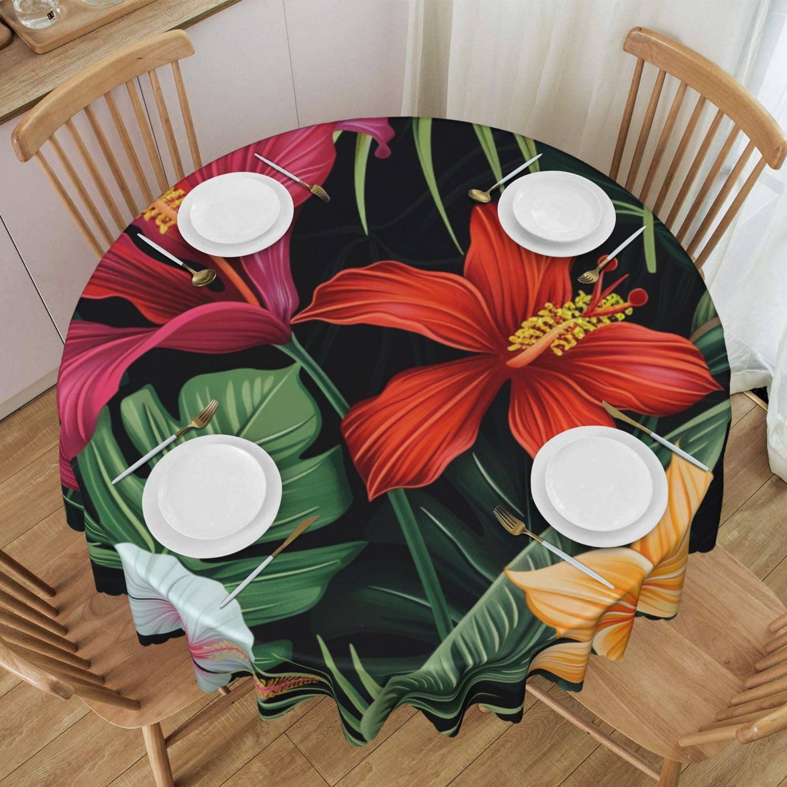 Nappe ronde imprimée fleurs tropicales 152 cm en polyester lavable avec dentelle