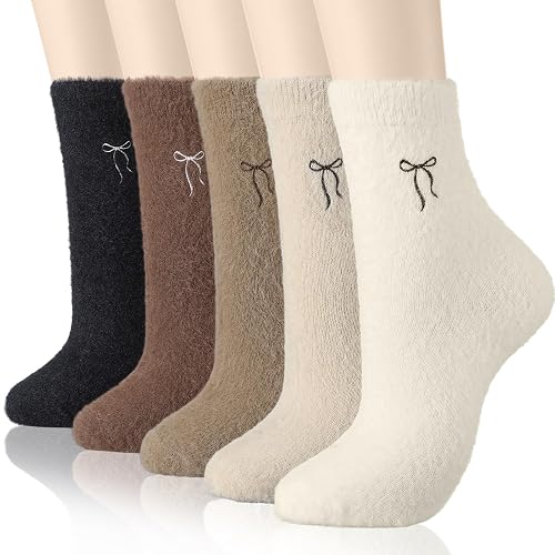 Geyoga 5 Pairs Women's Bow Fuzzy Socks Winter Soft Slipper Socks Coquette Stuff Fluffy Thick Spa Home Sleeping - Neutral - Lovely Design