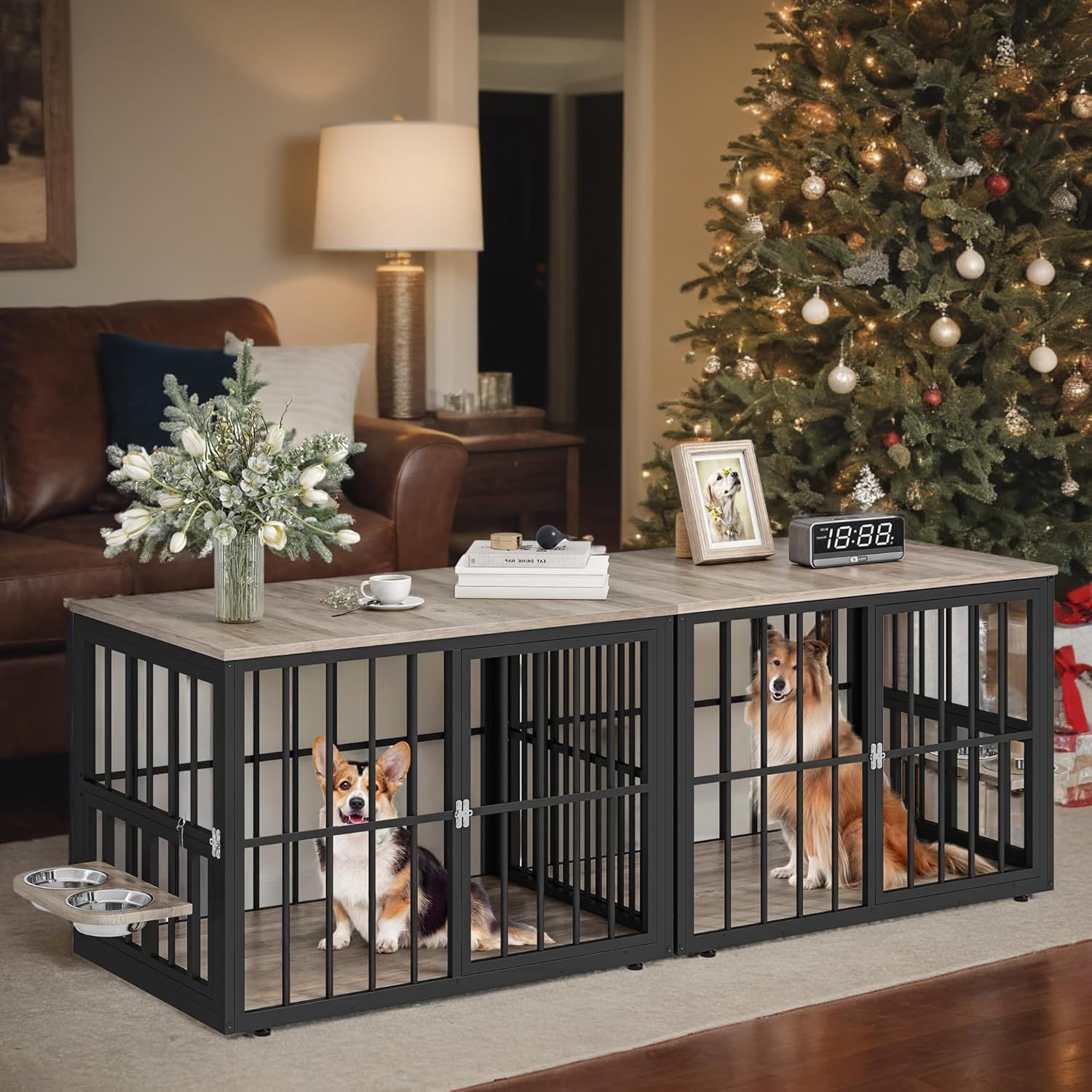 yitahome 77.6" large corner dog crate furniture for 2 dogs, heavy duty wooden dog kennel with dog bowls & cushion & 3 doors, large double dog crate furniture tv stand for medium large dog, grey 77.6”l x 25.2”w x 27.2”h grey