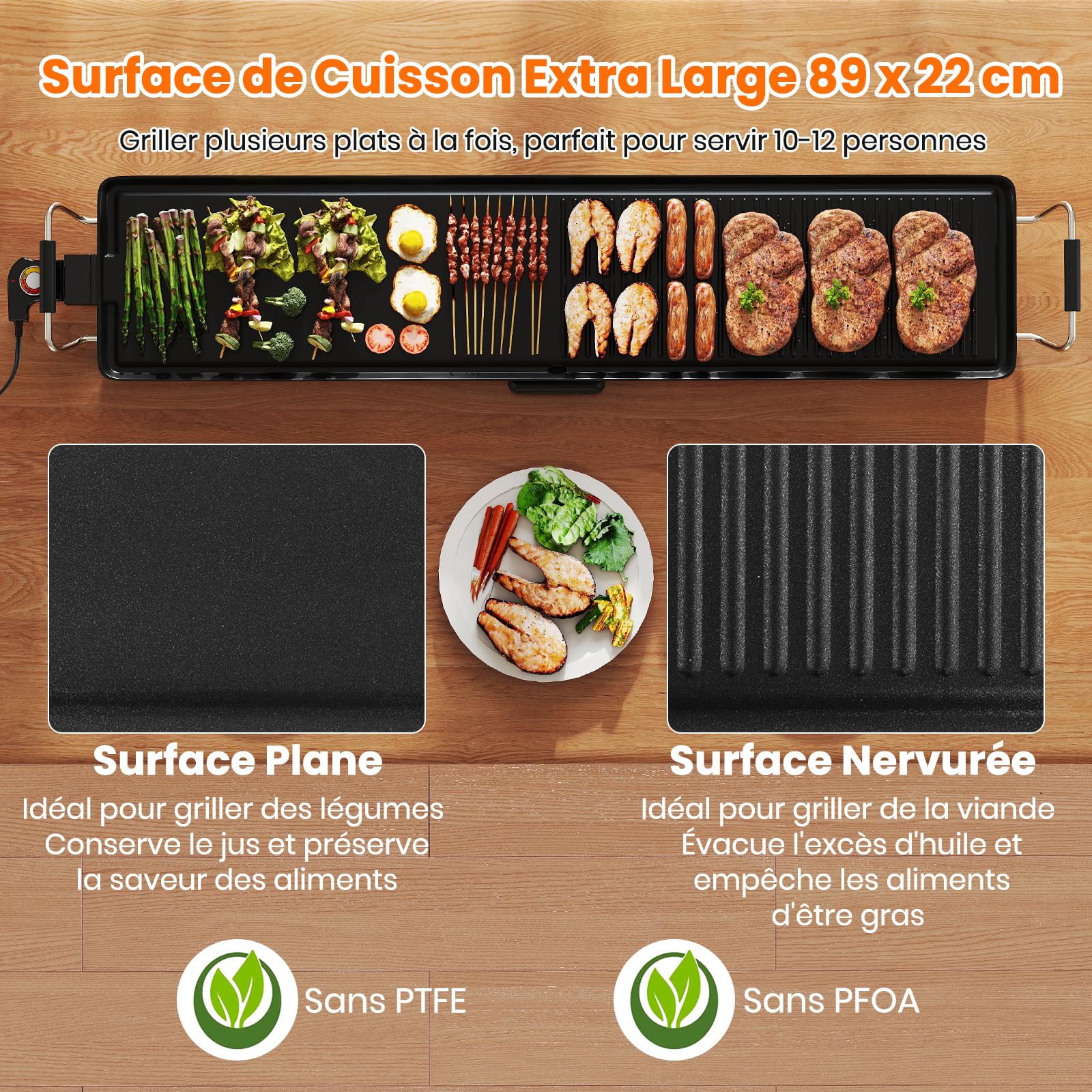 RELAX4LIFE 1800W Gril Électrique Extra Large avec Contrôle de Thermostat à 4 Niveaux & Bac de Récupération Amovible, Barbecue Plancha Antiadhésive Teppanyaki Portable (117x24cm)