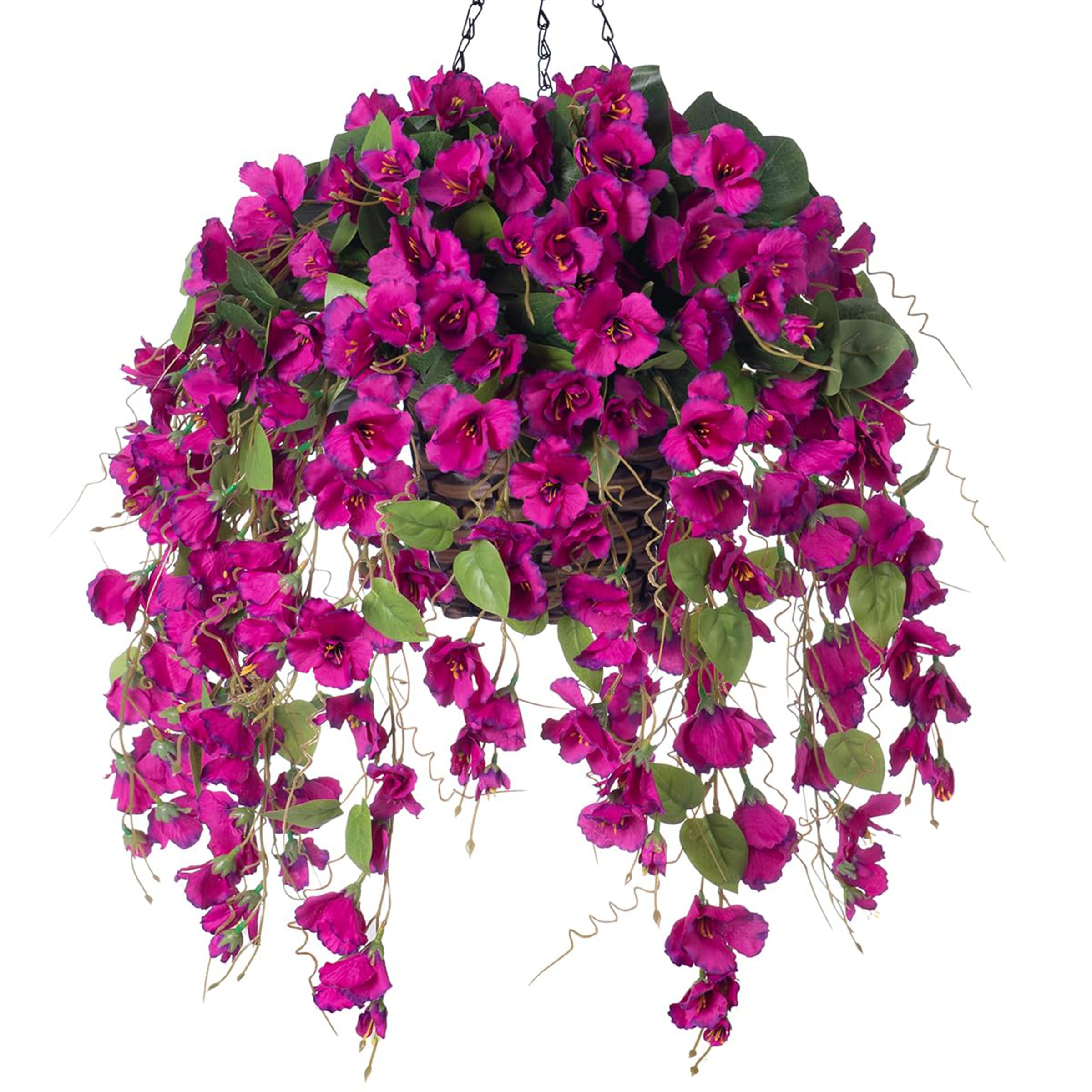 Photo 1 of Artificial Fake Hanging Hibiscus Flowers Plants Baskets for Outdoor Decoration, Faux Silk Hibiscus Long Vines in Planter UV Resistant Realistic Flowers for Outside Porch Patio Home Decor(Purple 2)
