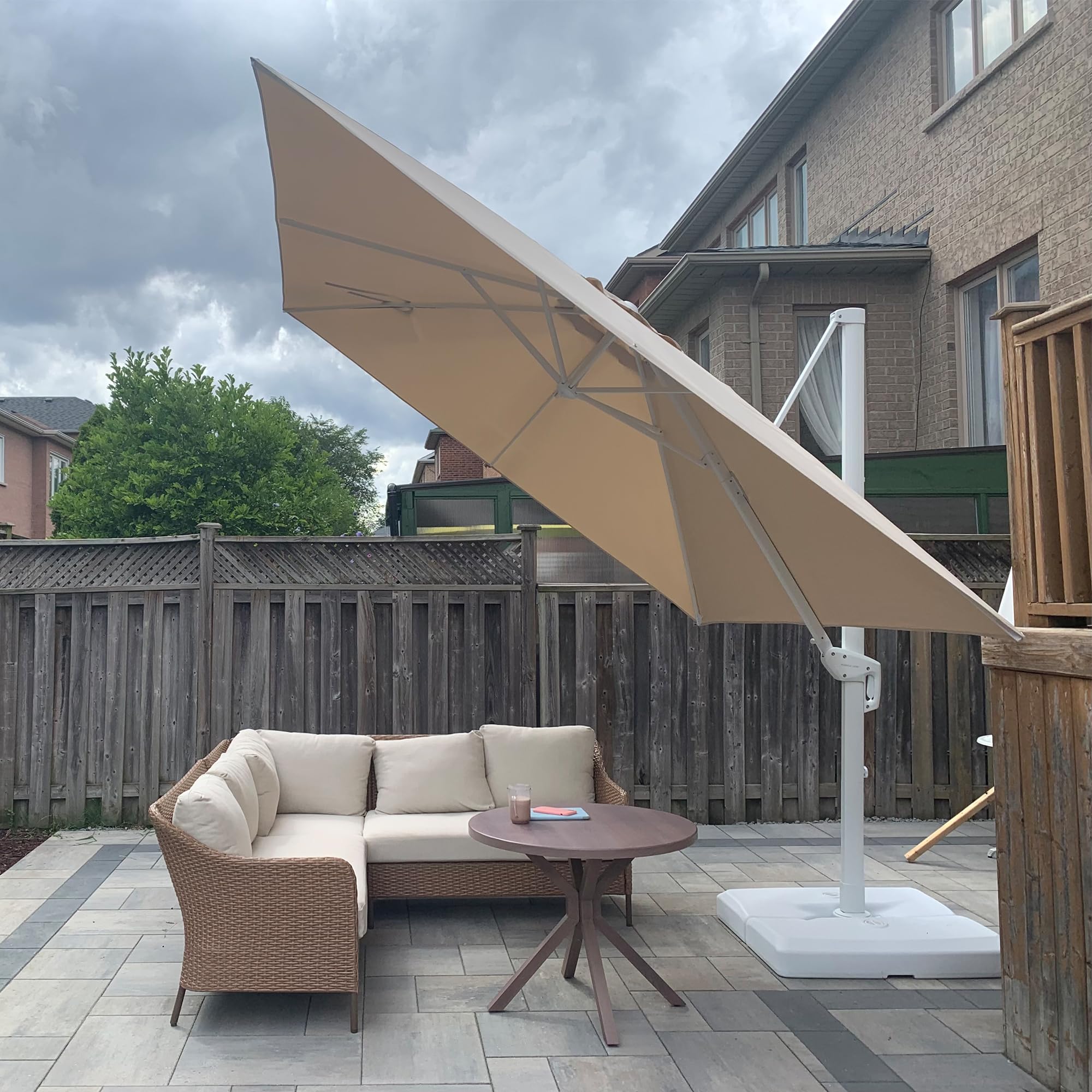 PURPLE LEAF Parasol Déporté 3 x 3 m Beige avec Mât Alu Blanc Pied Croix