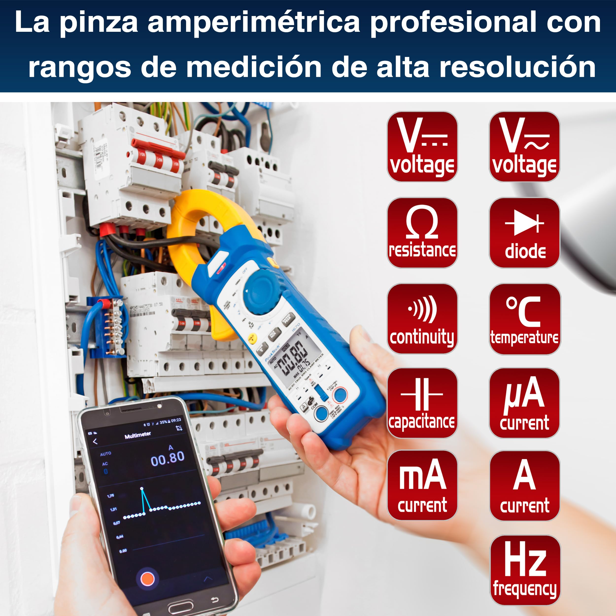 PeakTech 1670 Pinza Amperimétrica RMS 4.0 Bluetooth 1000A AC/DC 50000 Cuentas Multímetro