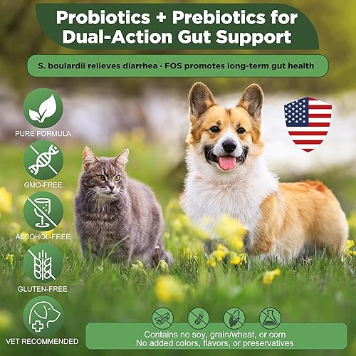 Miniatura 6 de S.boulardii + FOS - Polvo probiótico para mascotas para perros y gatos, 6.7 mil millones de UFC, apoyo intestinal e inmunológico, heces sueltas y