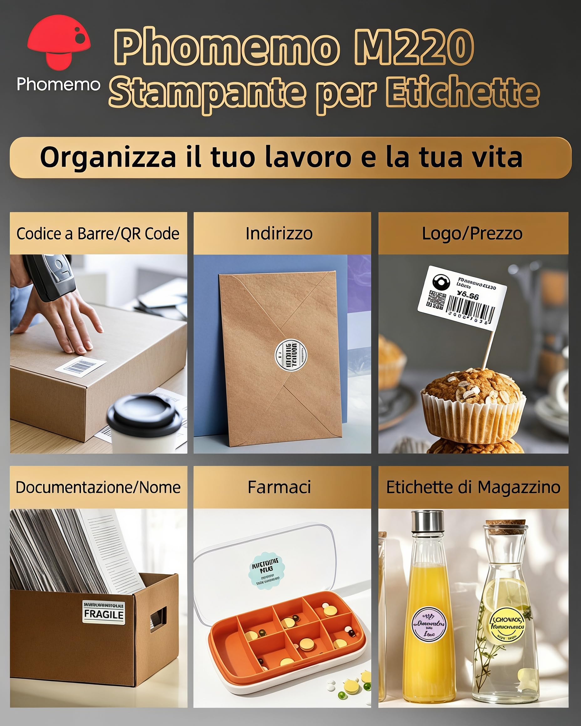 Phomemo M220 Stampante per Etichette Termica Portatile per Etichette Adesive Compatibile Smartphone PC
