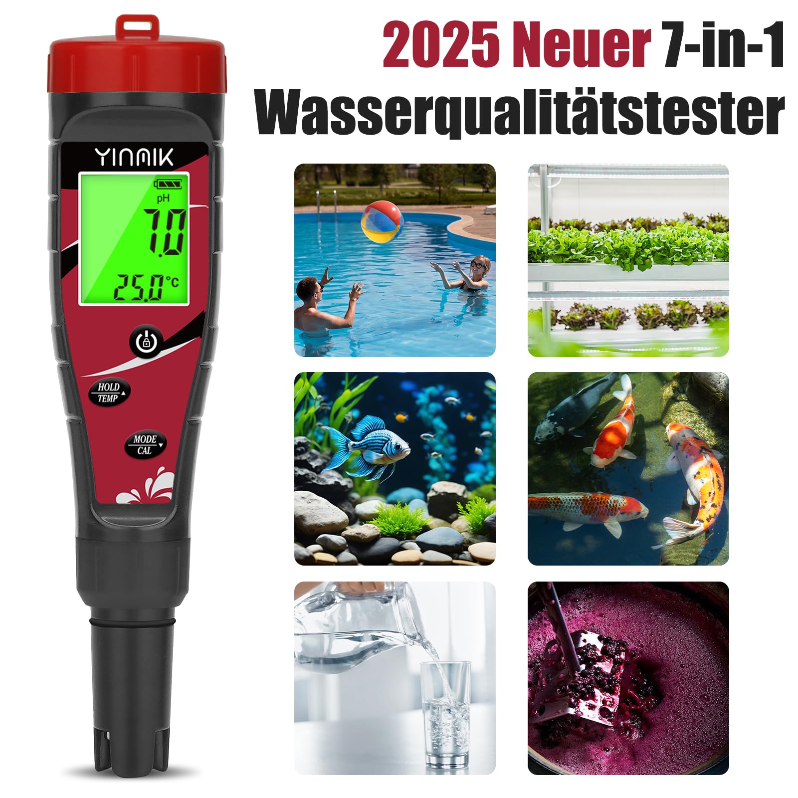 YINMIK pH und Chlor Messgerät 7 in 1 für Salzwasserpool, Aquarium, Hydroponik, Trinkwasser