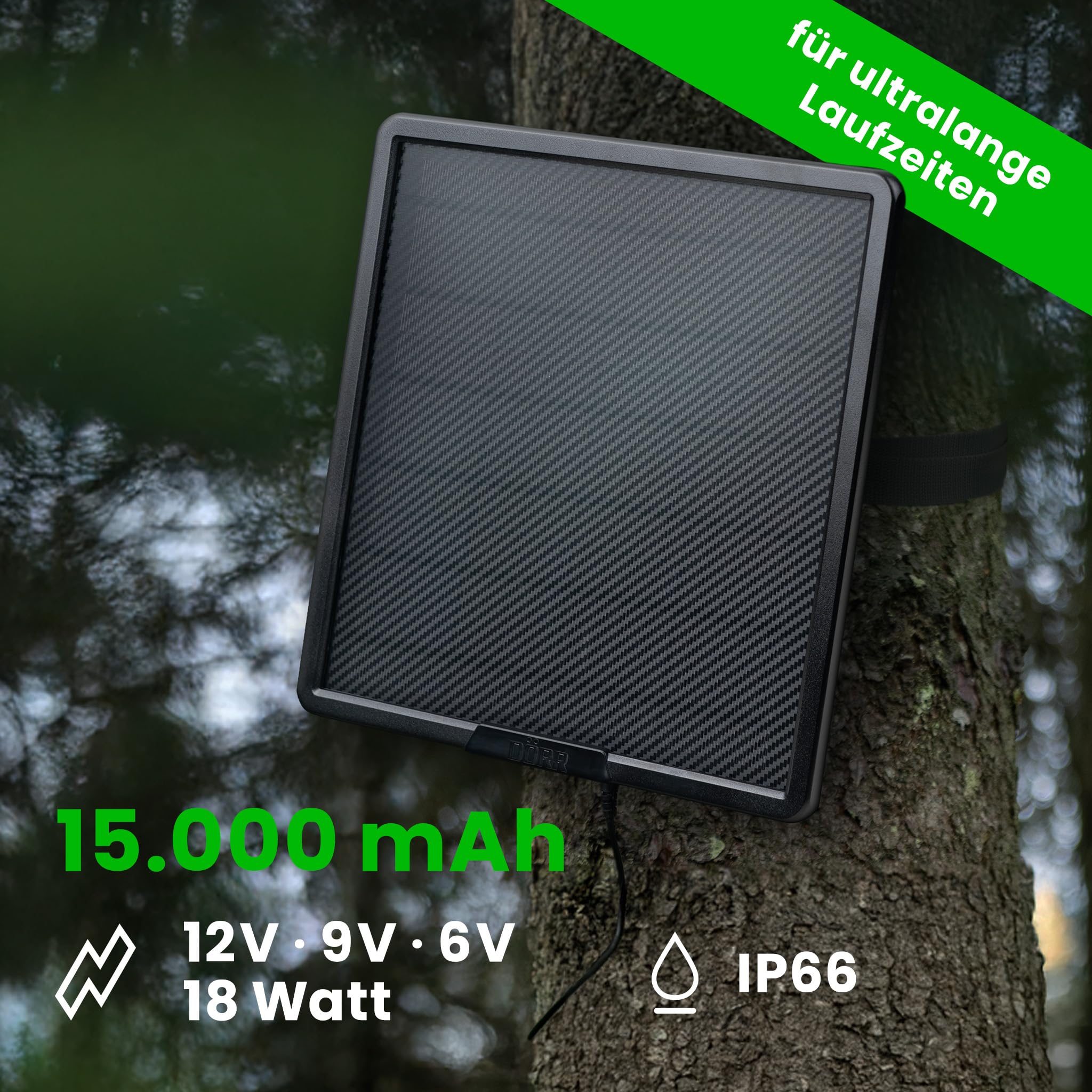 DÖRR Solarpanel mit 15000mAh Akku, 6V/9V/12V DC & USB-A/USB-C, 18W, IP66 wetterfest, Solarstrom für Wildkameras, Überwachungskameras, Futterstreuer & Outdoor-Geräte, Solar Ladegerät, Solar Powerbank