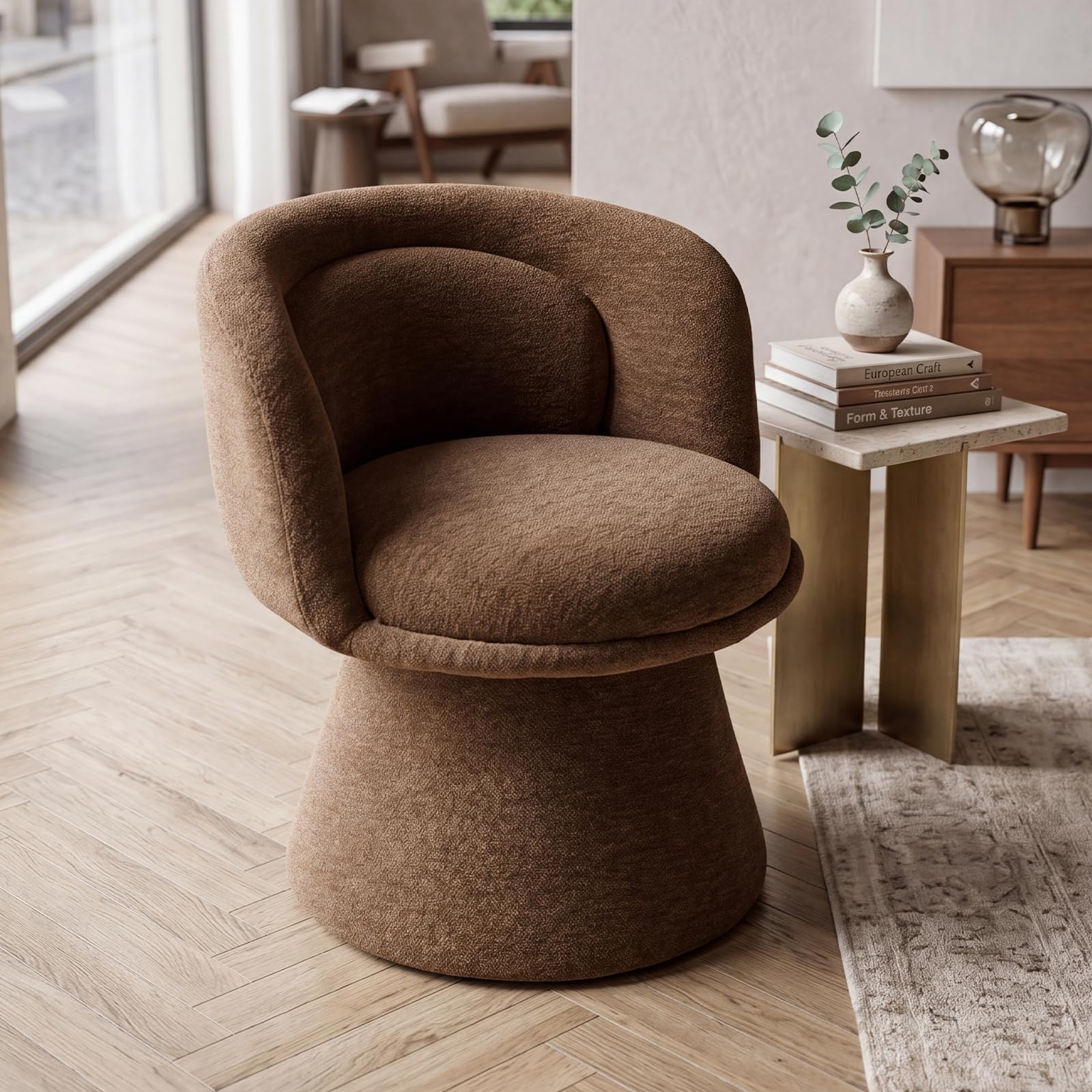 Fauteuil de Salon Confortable, Pivotant&Rembourré, Chenille Marron