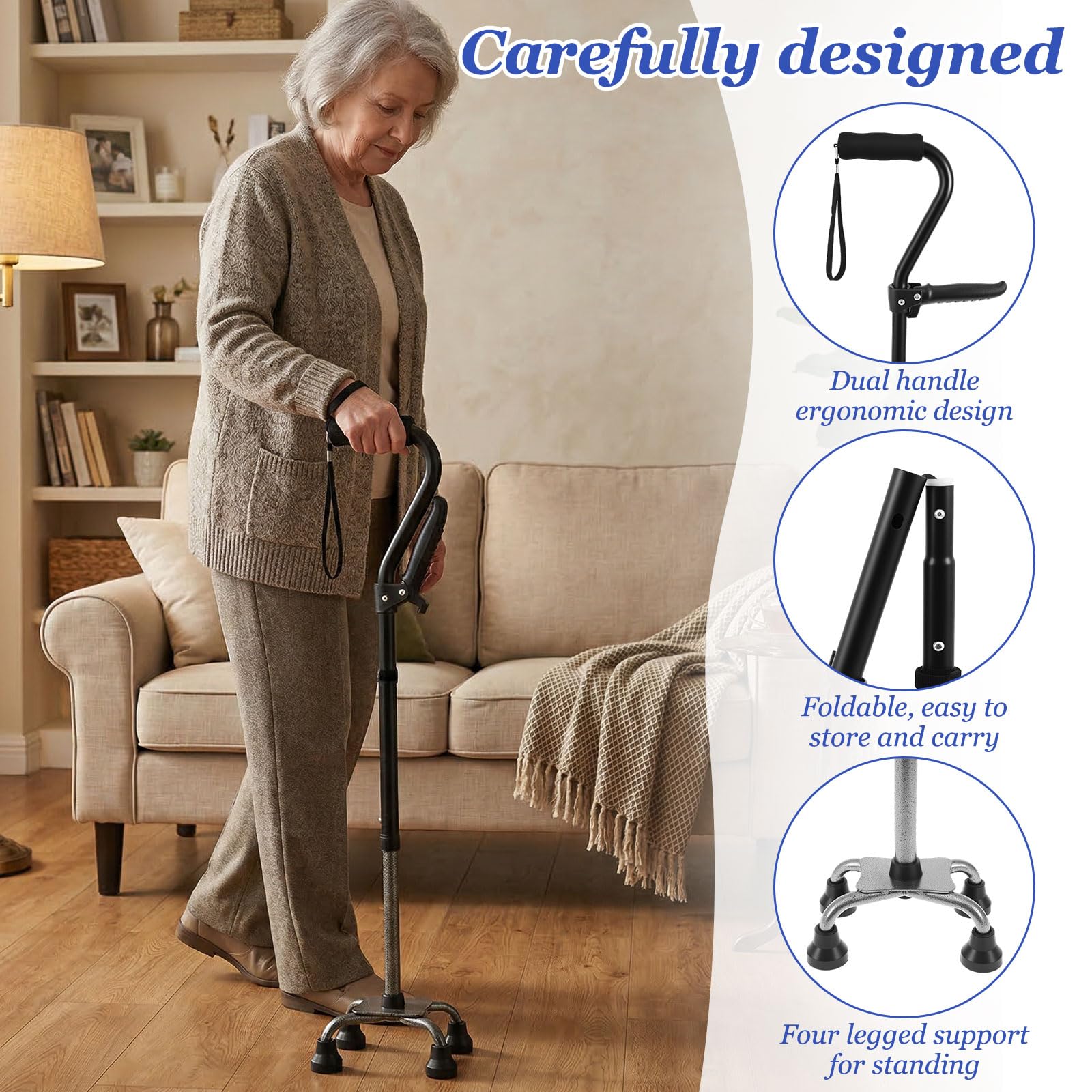 Bastón con 4 patas plegable ajustable negro aluminio | Andador de doble asa para personas mayores, soporta hasta 150 kg, base ergonómica y antideslizante, altura ajustable 76-94 cm