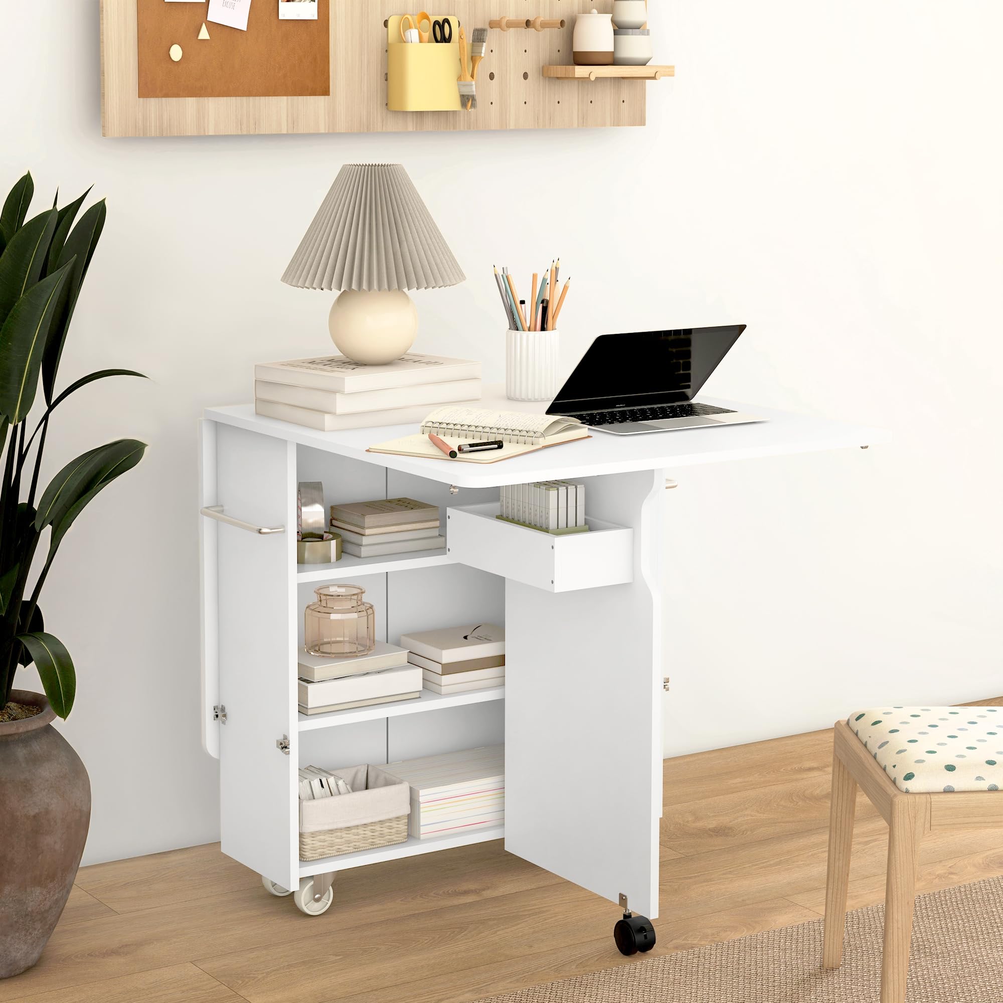 HOMCOM Tavolo a Ribalta con Ripiani a 3 Livelli, Box Portaoggetti e Rotelle, Tavolo Pieghevole in MDF, 130x80x76.5 cm, Bianco