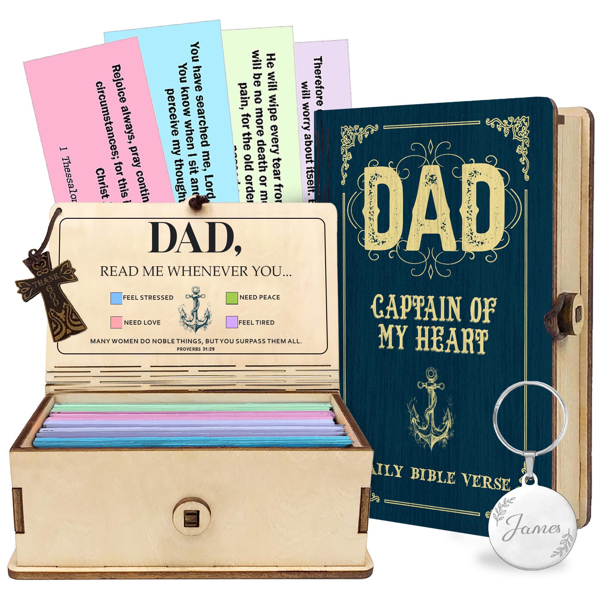 Photo 1 of [ITEM IS BROKEN][ MISSING PARTS] NETHOMEWOODS Dad Bible Verse Box, Personalized Name Keychain, 150 Color Coded Scripture Cards, Christian Gift for Dad, Gift Father's Day