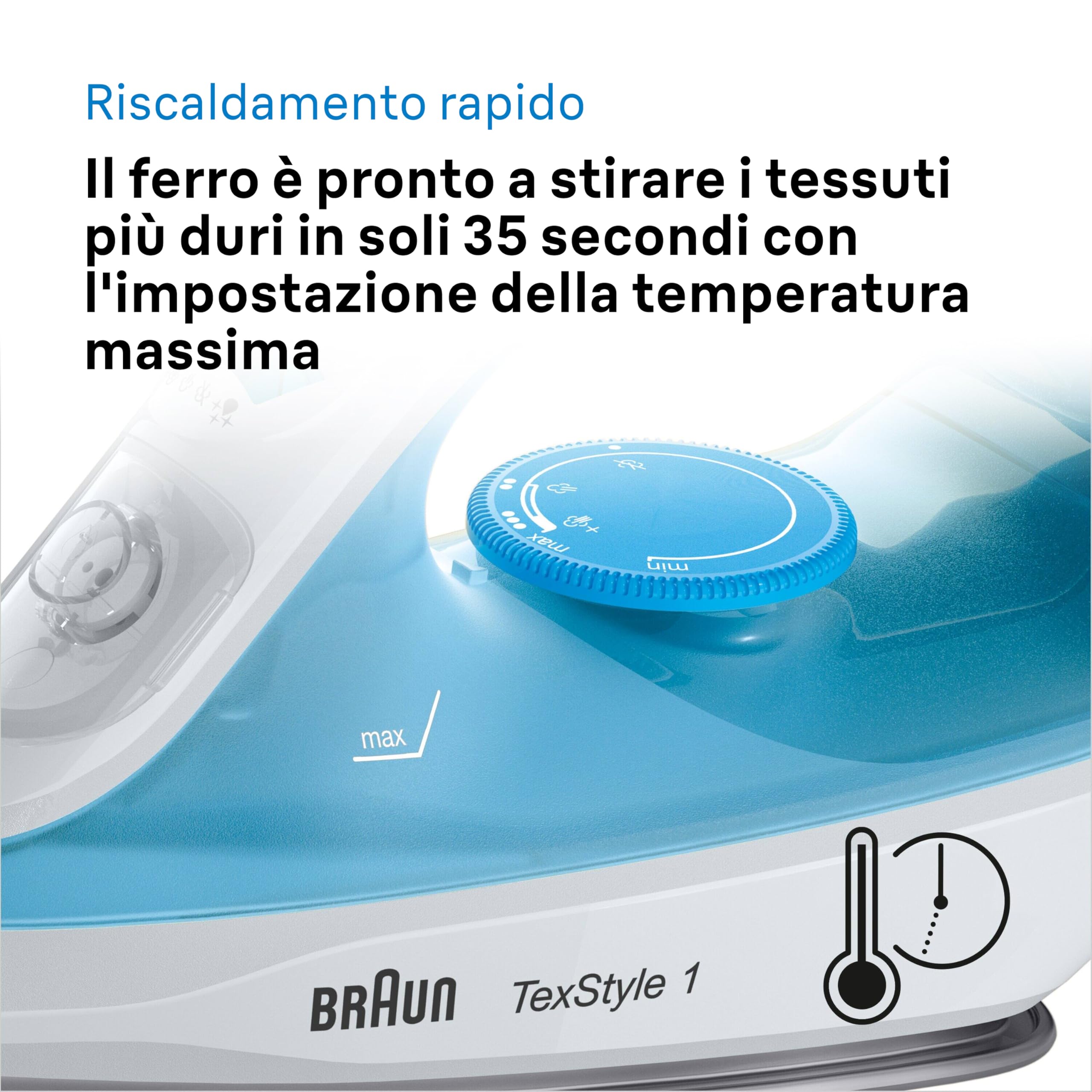 Braun TexStyle1 SI 1050BL Ferro da stiro a Vapore con 5 ANNI DI ASSISTENZA, Termostato, 25g/min in modalità Turbo, MODALITA' RISPARMIO ENERGETICO, Capacità Serbatoio 220ml, 2000W, Celeste