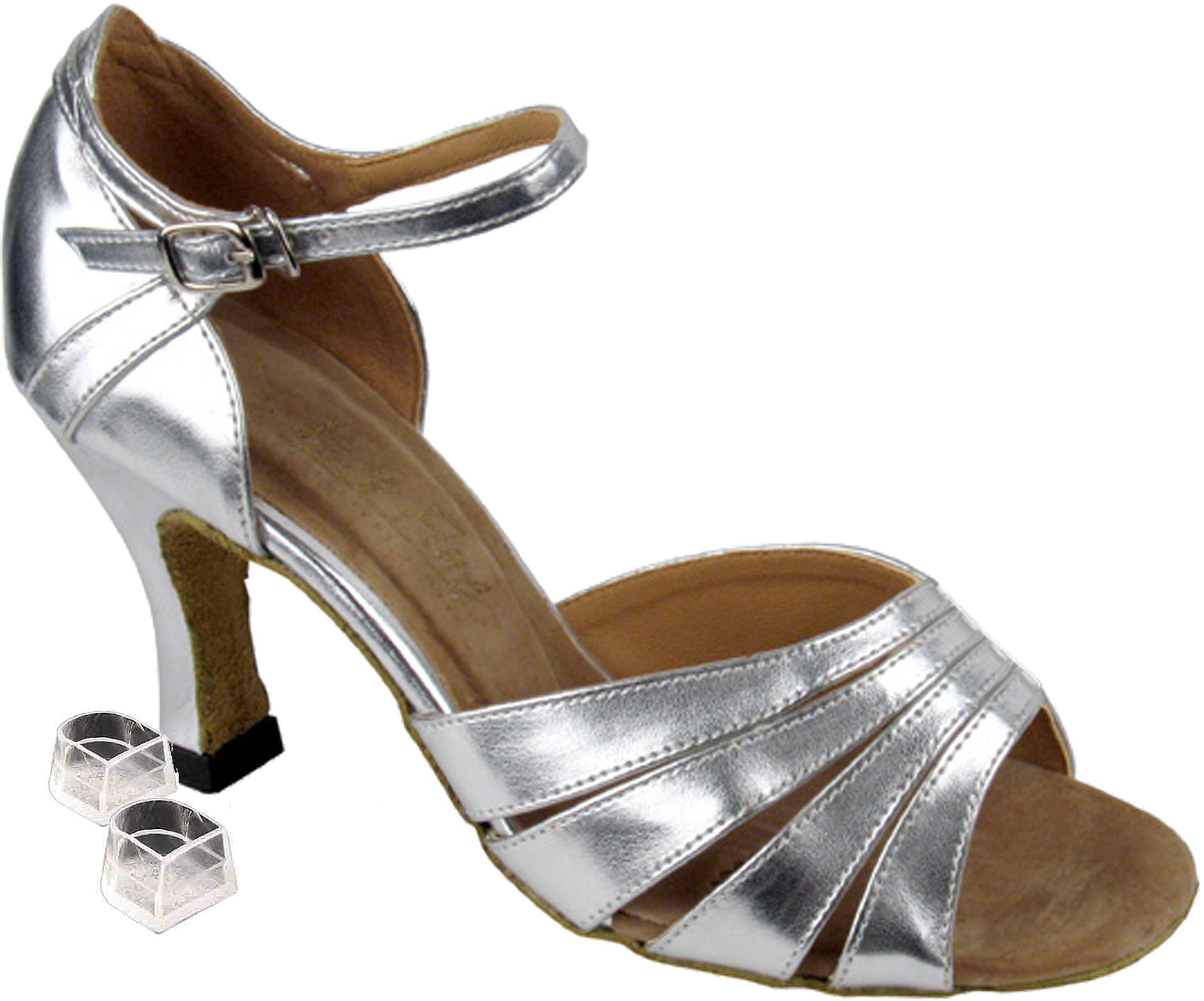 Very Fine Dance Shoes Women's Salsa Ballroom Tango Latin Dance Shoes Style 1680 Bundle with Plastic Dance Shoe Heel Protectors, Silver Leather 9.5 M US Heel 3 Inch