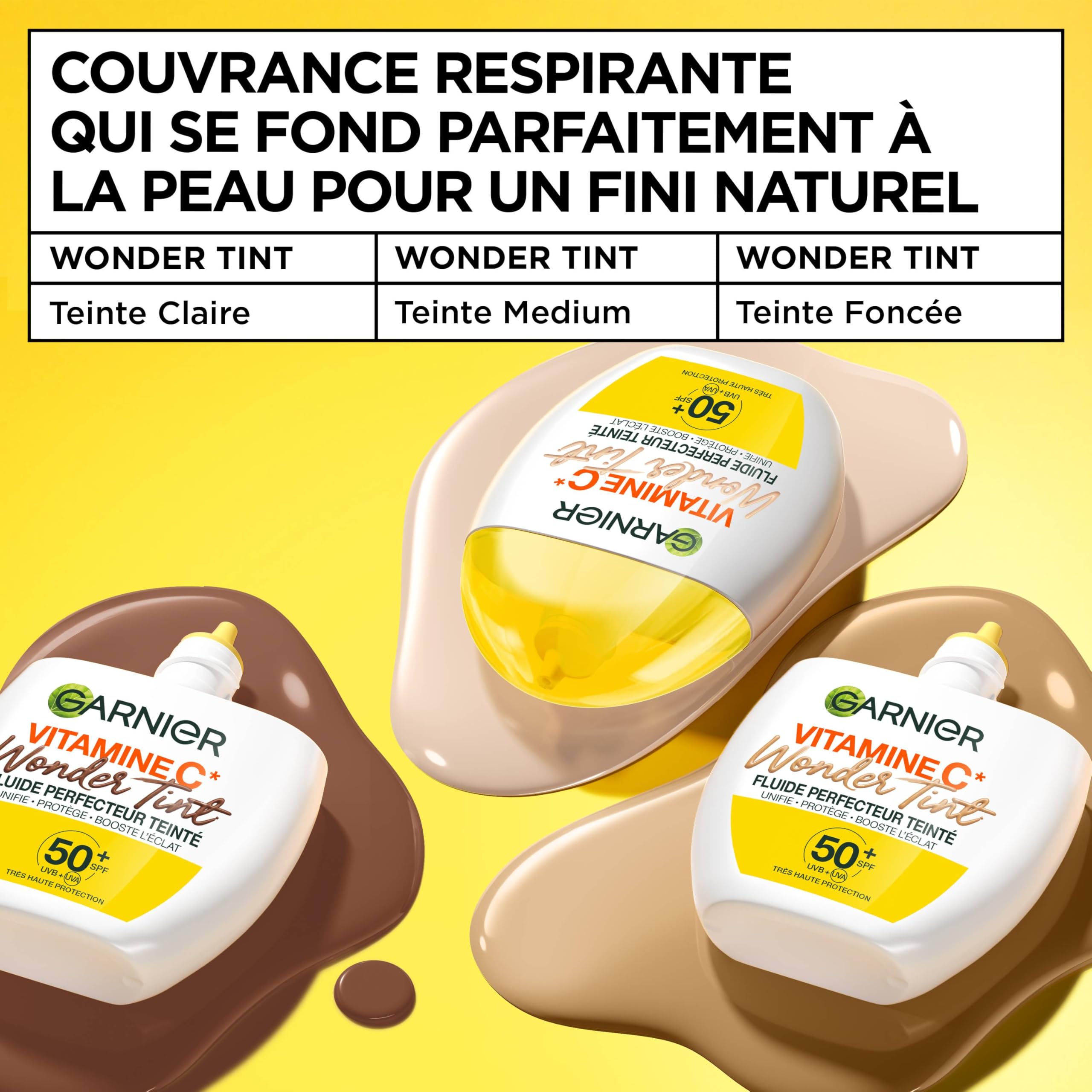 GARNIER - SkinActive Vitamine C - Fluide Perfecteur Teinté Wonder Tint SPF50+ - Soin Teinté Visage Protecteur - Unifie, Hydrate & Réduit les Taches Brunes - Tous Types de Peaux - Teinte Medium - 40 ml