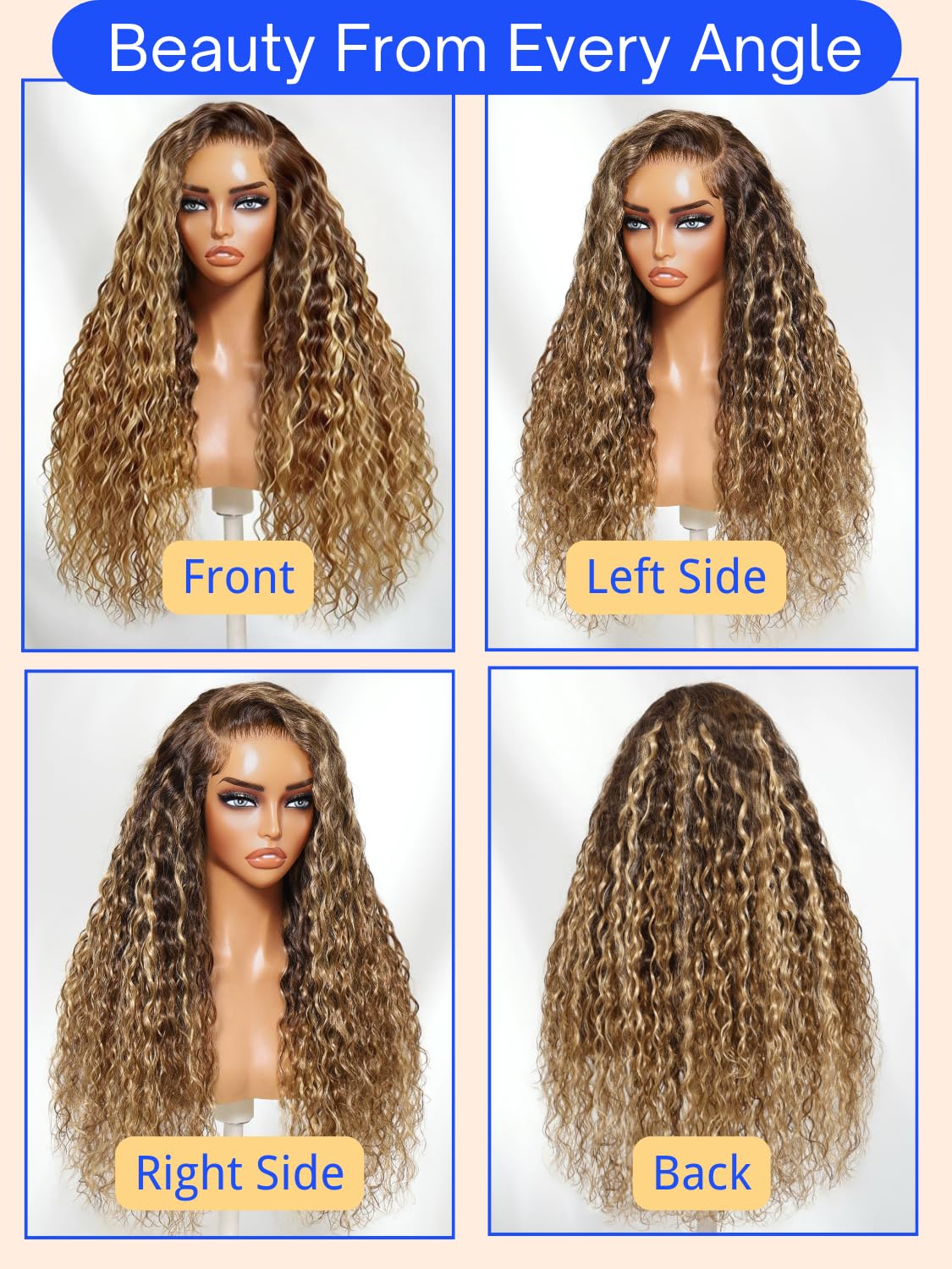 Nadula No Slip 13x4 Caramel Brown with Honey Blonde Highlight Water Wave Drawstring Wig Human Hair, Pre Cut Glueless Lace Front Wig Pre Plucked Ready to Go Wet and Wavy Wig 150 Density 18inch