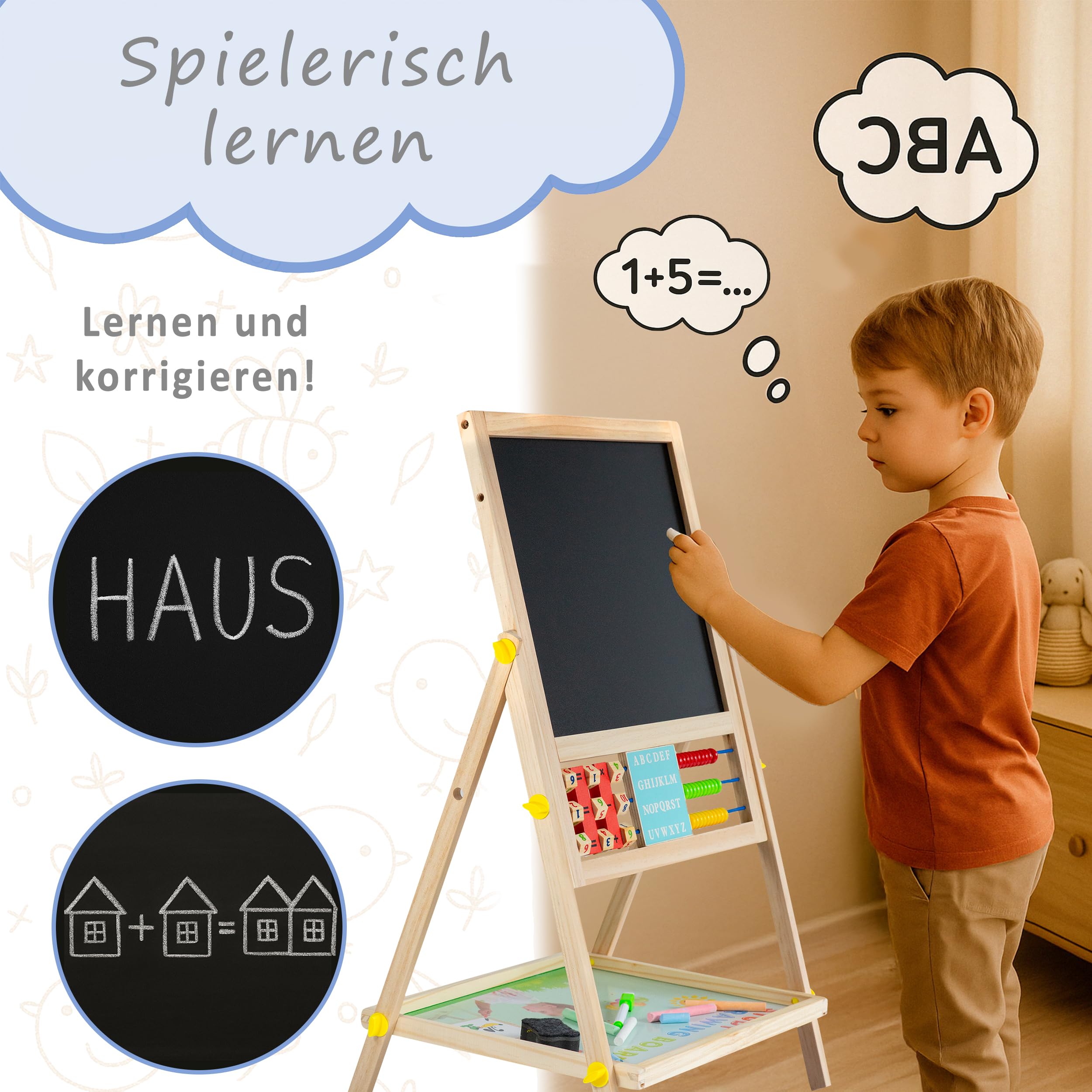 Montessori Board - Holztafel 6 in 1 – Magnetkreide Tafel für Kinder, Doppelseitig, Höhenverstellbar, Kreativitätsfördernd, Ideal für Lernen, Malen & Zählen, 1-6 Jahre