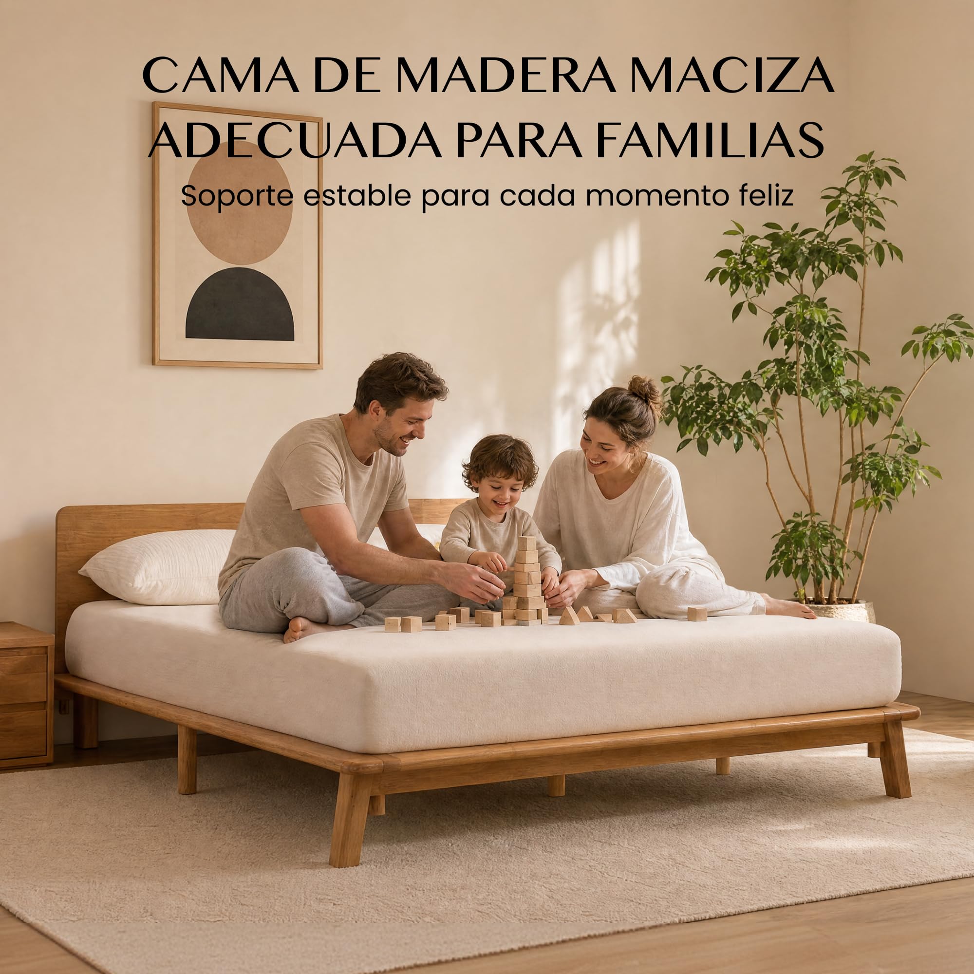 FLEXISPOT Cama de Madera Maciza 160x200 cm, Cama Doble de Madera de Caucho Natural, Sin Formaldehído, Montaje Sin Herramientas, Cabecero con Estante, Diseño Japandi, Cama Matrimonio Hako G1