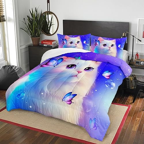 Miniatura 2 de AILONEN Juego de edredón de gatos para niños, tamaño Queen, juego de ropa de cama de gato blanco con mariposas para niñas y niños, juego de edredón