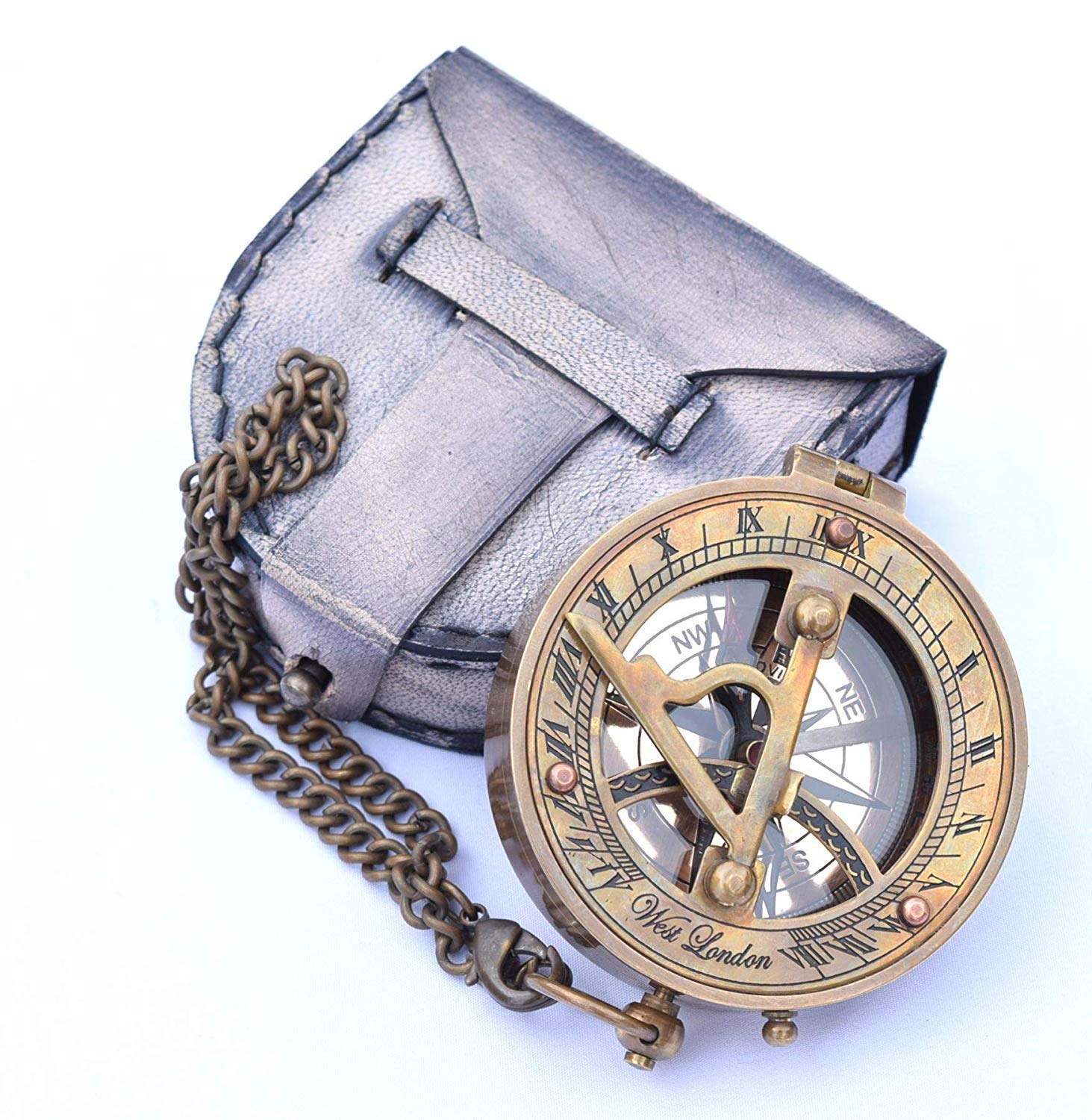 M.A & SONS 1 Year Replacement Warranty Brass Sundial Compass with Chain & Leather Case - Marine Nautical - Sun Clock - Steampunk Accessory