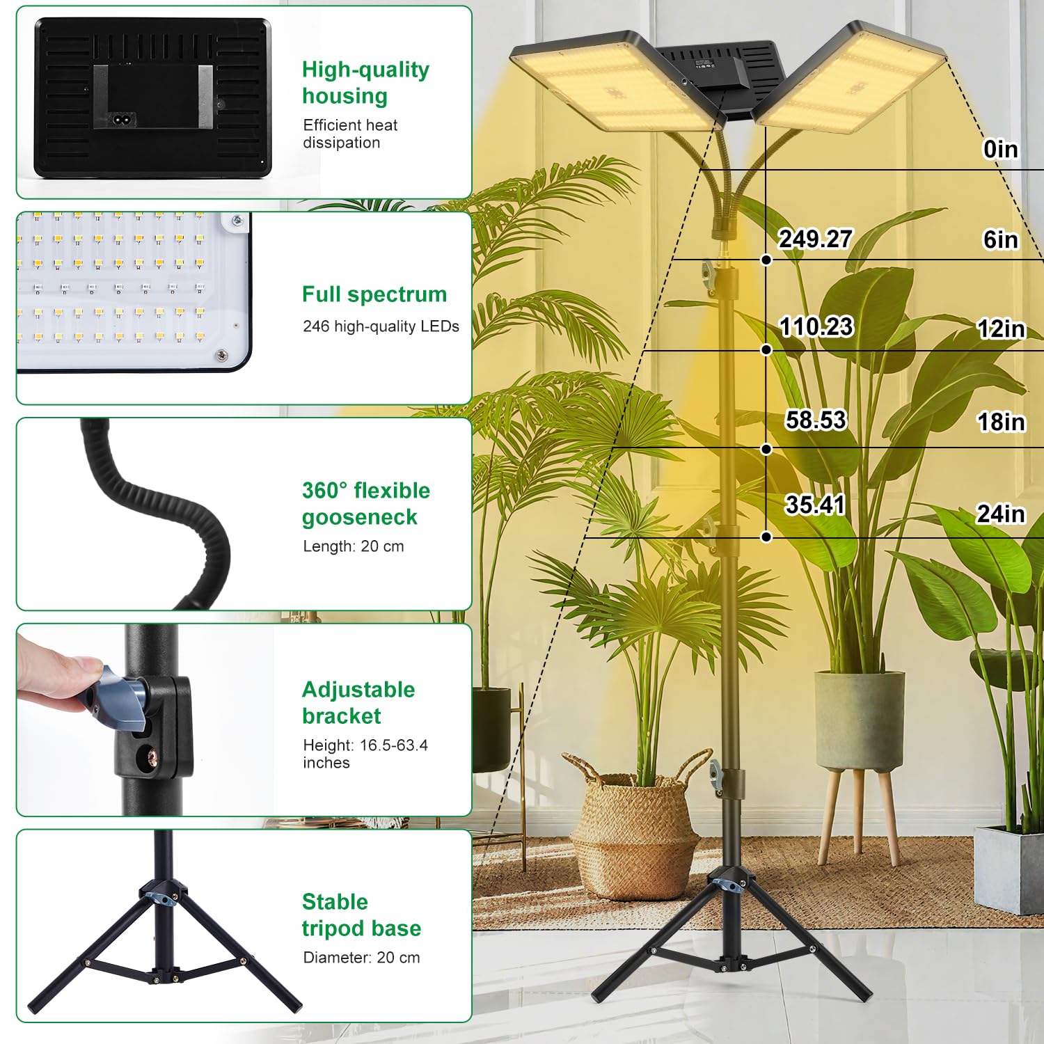 Lampa LED do uprawy roślin, pełne spektrum z regulowanym stojakiem 16"-63", podwójna głowica, 738 diod LED, lampa do uprawy roślin z timerem i 10 jasnościami, światło do kwiatów, warzyw bonsai i