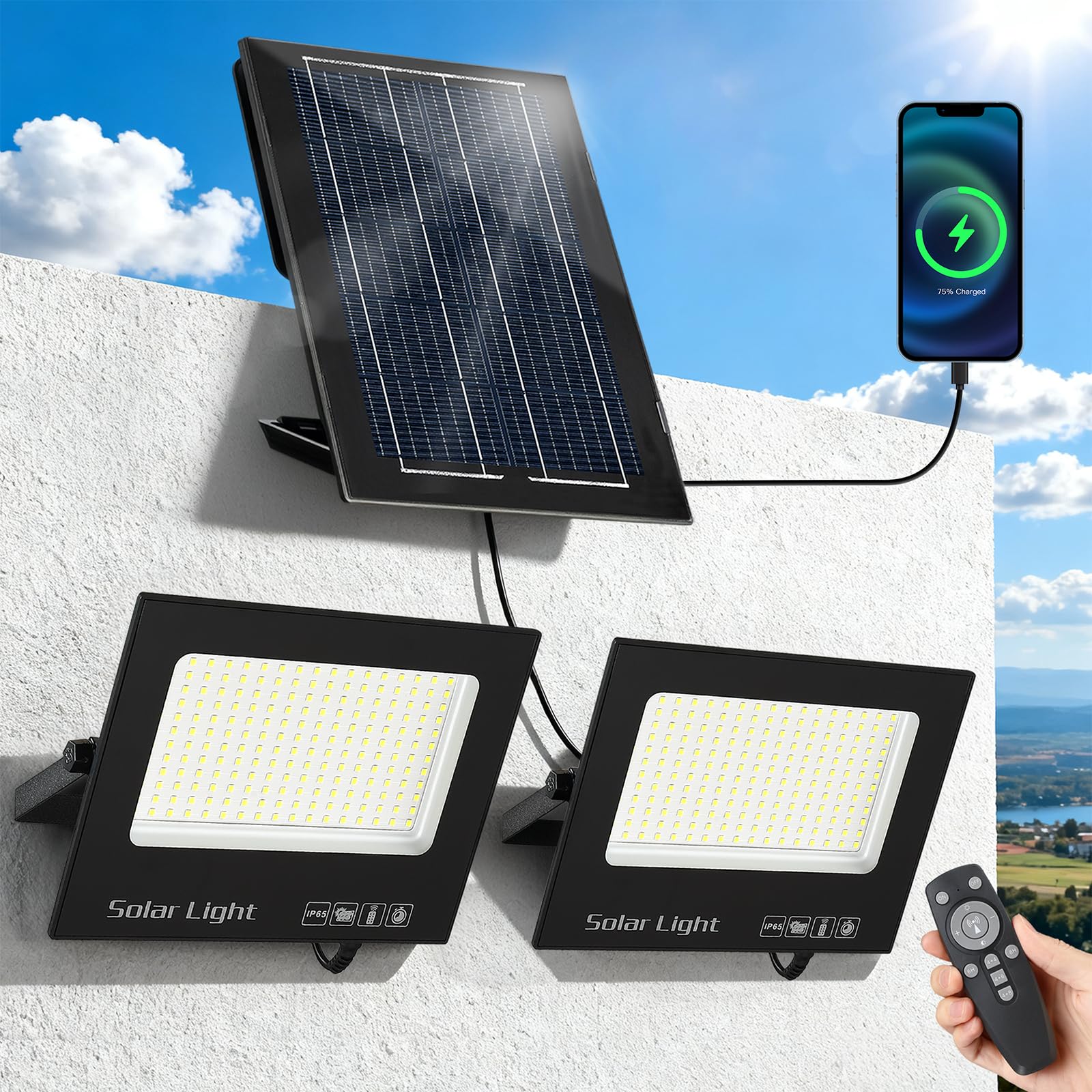 Solar Flood Lights Outdoor, Solar Lights with Dual LED Head & USB