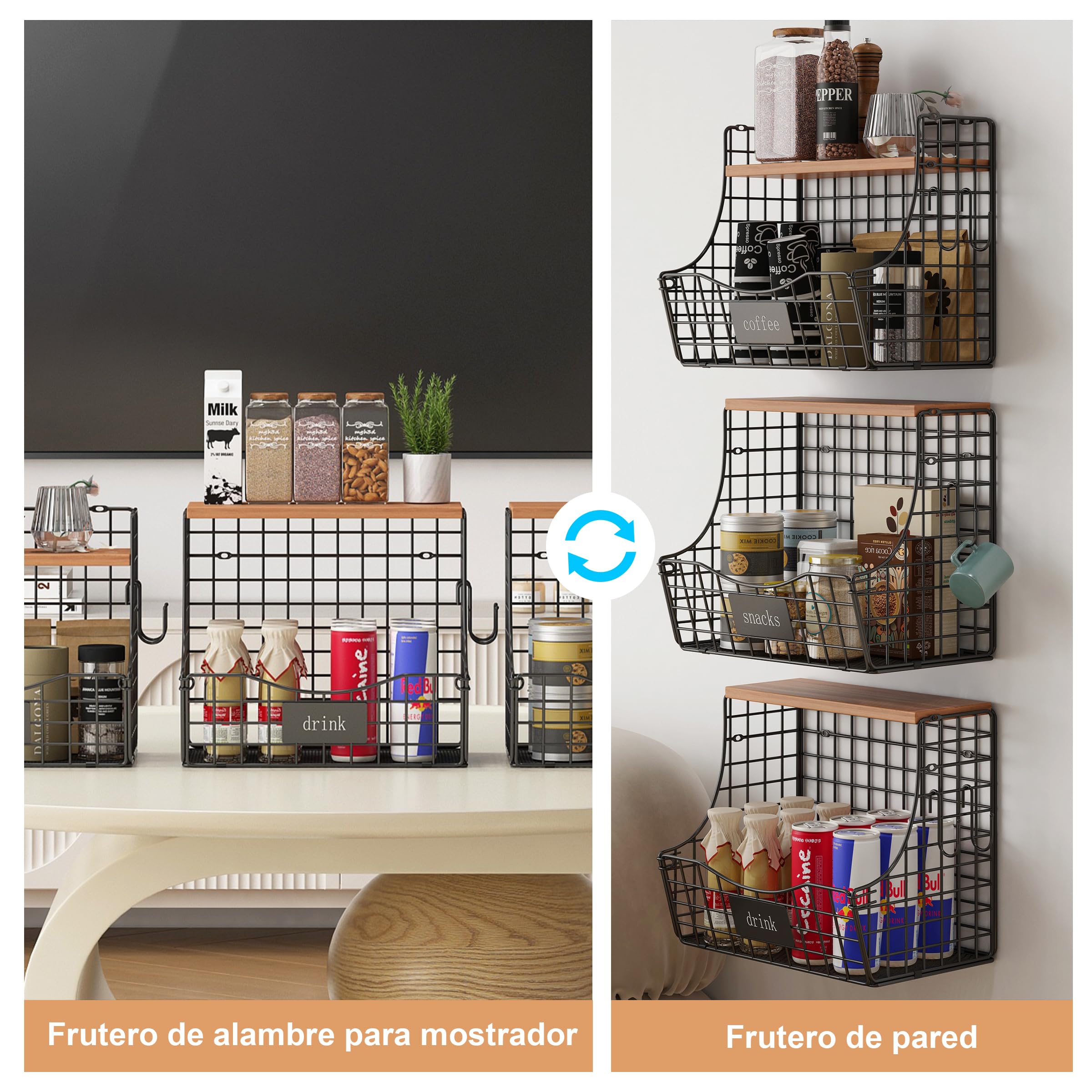 UMDONX 3 Piezas Fruteros de Cocina Metálica Cesta de Fruta de Pared Organizador de Frutas y Verduras con Tapa(Negro,29x19x27cm)