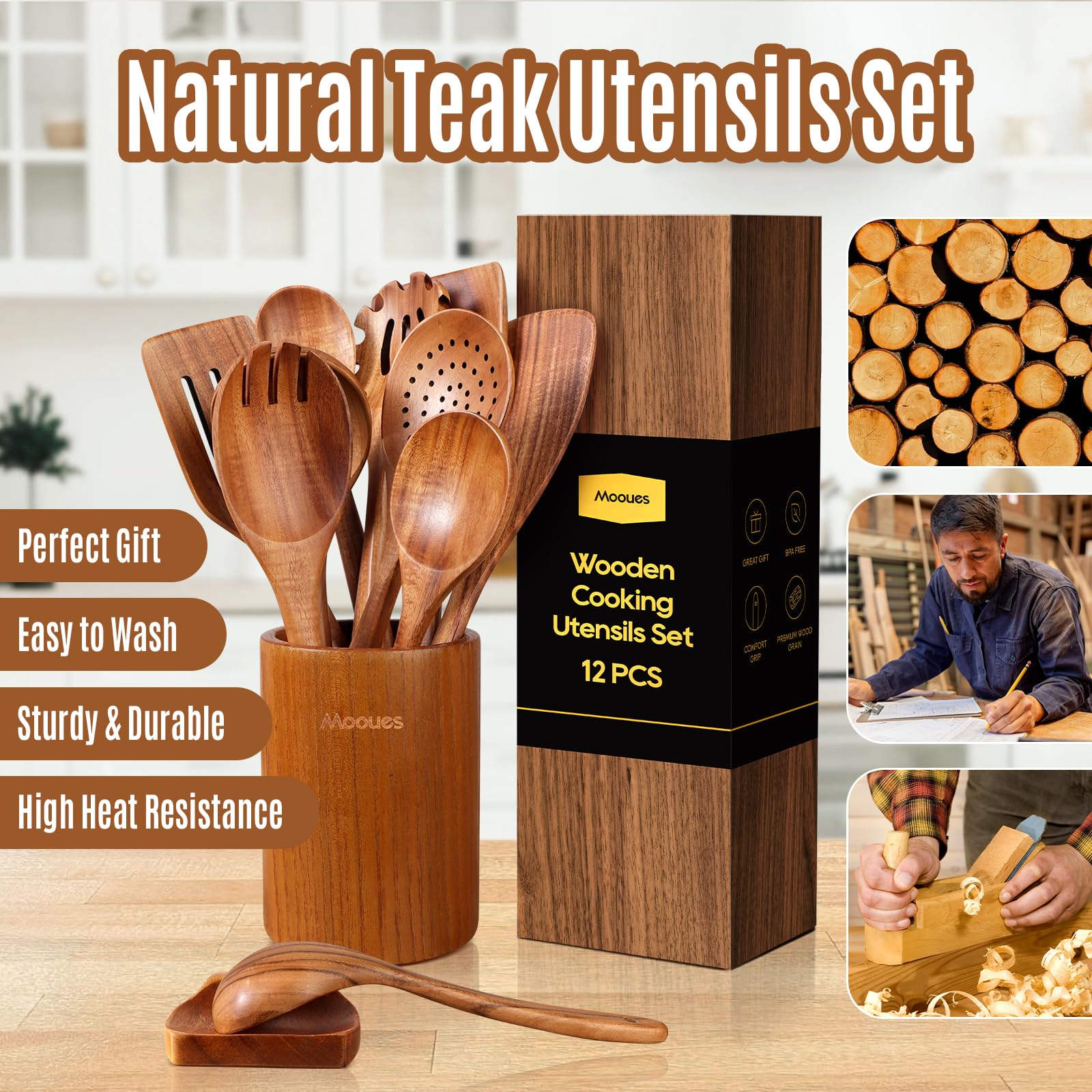 Juego de utensilios de cocina de madera, herramientas de cocina de 12 piezas