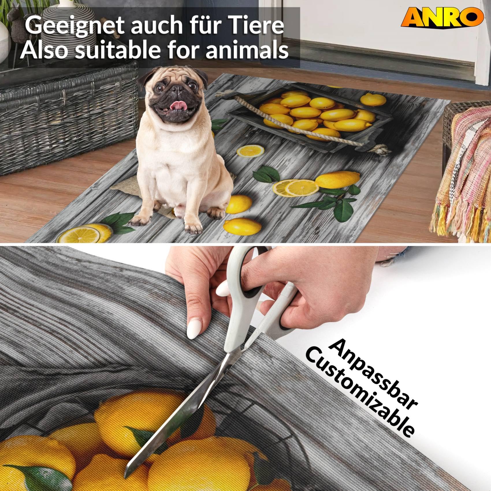 ANRO Küchenläufer Teppichläufer abwaschbar Läufer Flur rutschfest pflegeleicht Zitronen 200 x 52 cm
