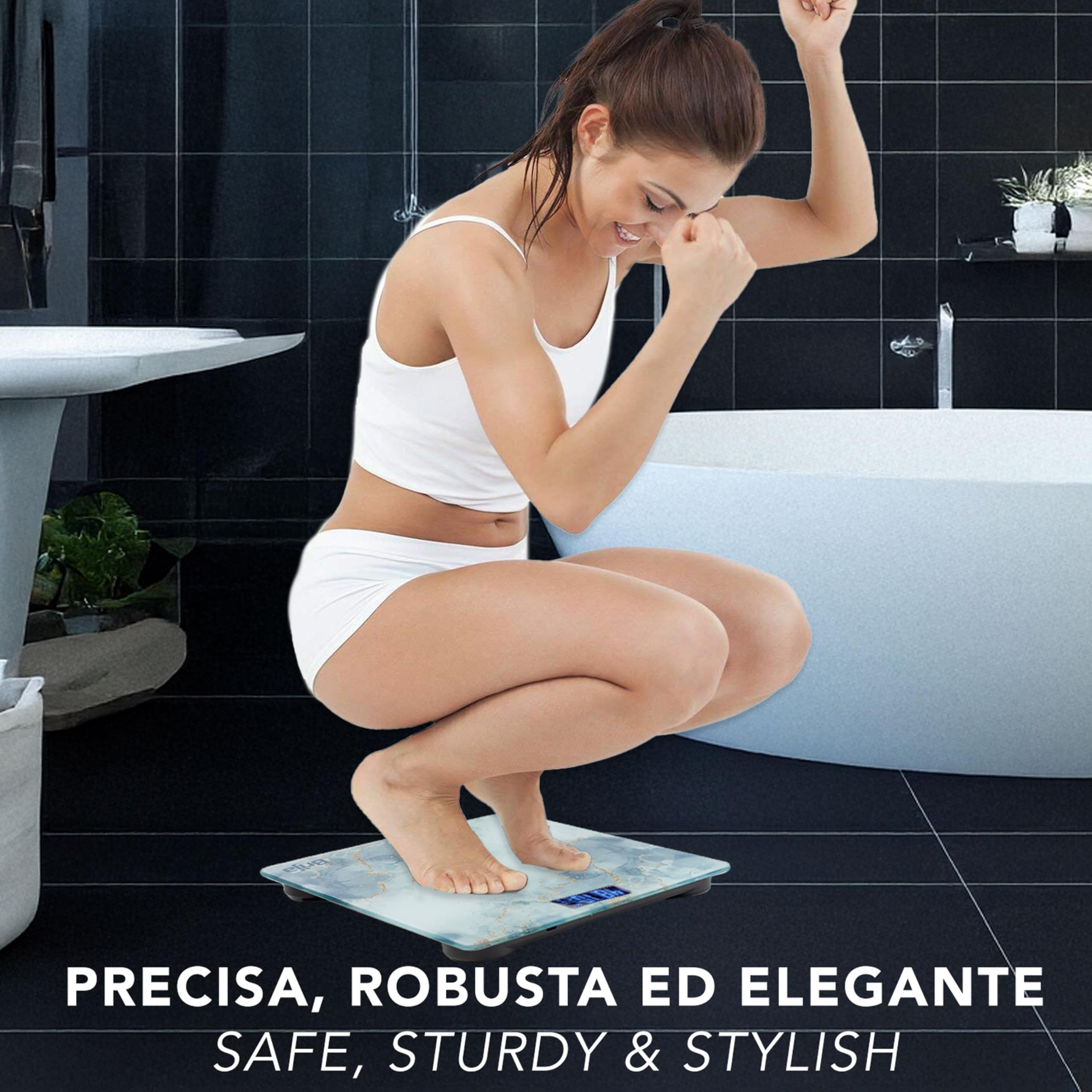IPEA Bilancia Pesapersone Digitale Ultra Sottile - Tecnologia STEP ON - Massima Precisione Peso - Deisgn Effetto Marmo - Bilancia in Vetro Temperato con Display misurazione fino 0,1 KG - Max 180Kg