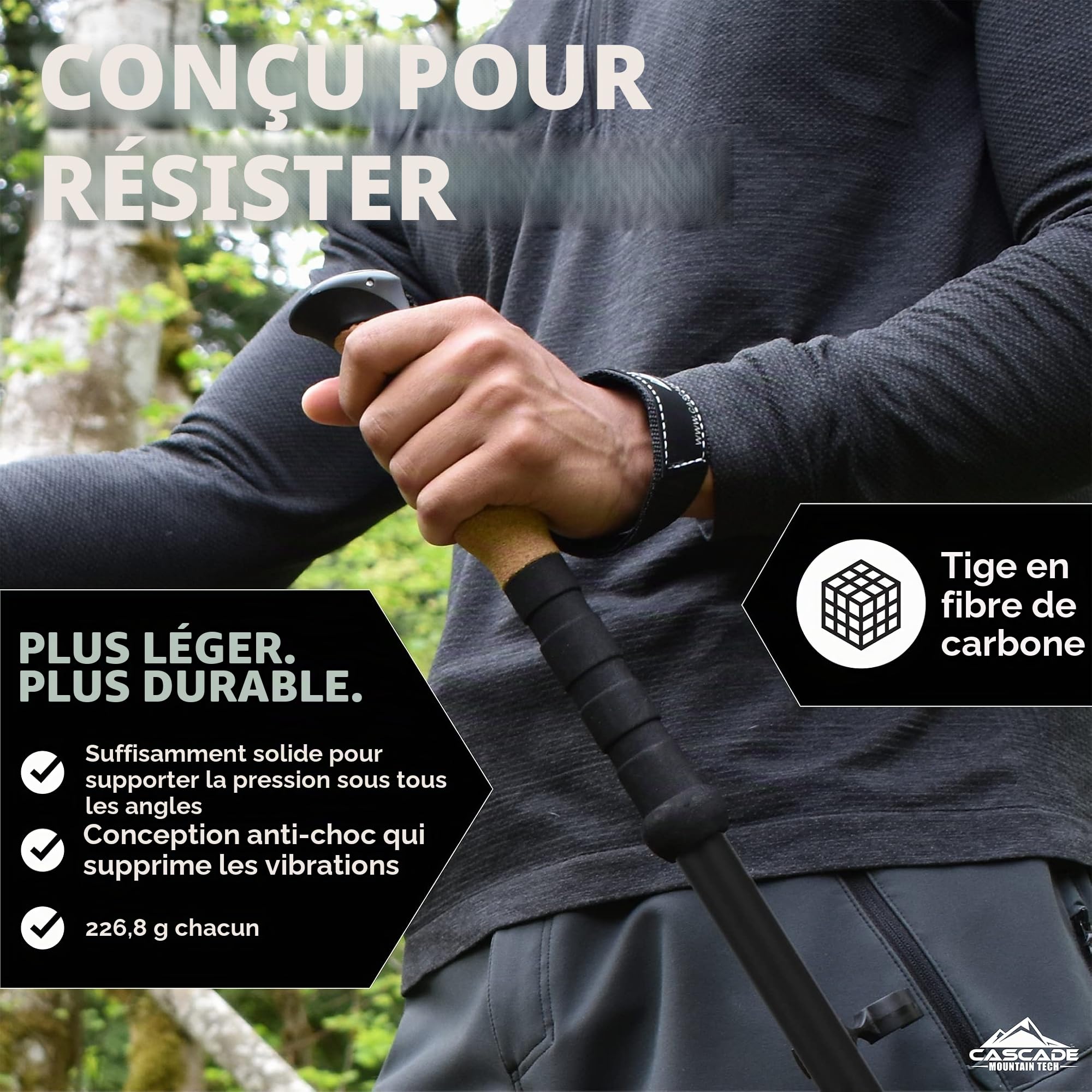 Cascade Mountain Tech Bâtons de Trekking – Bâtons de Marche ou de randonnée en Fibre de Carbone avec verrous réglables Rapides (Lot de 2)