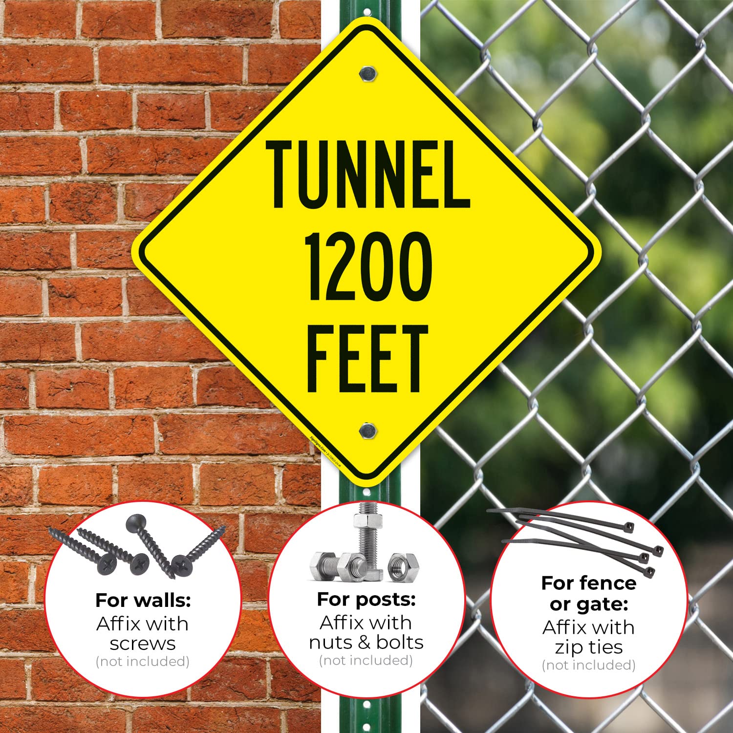 Tunnel 1200 Feet Sign, 24x24 Inches, Rust Free .063 Aluminum