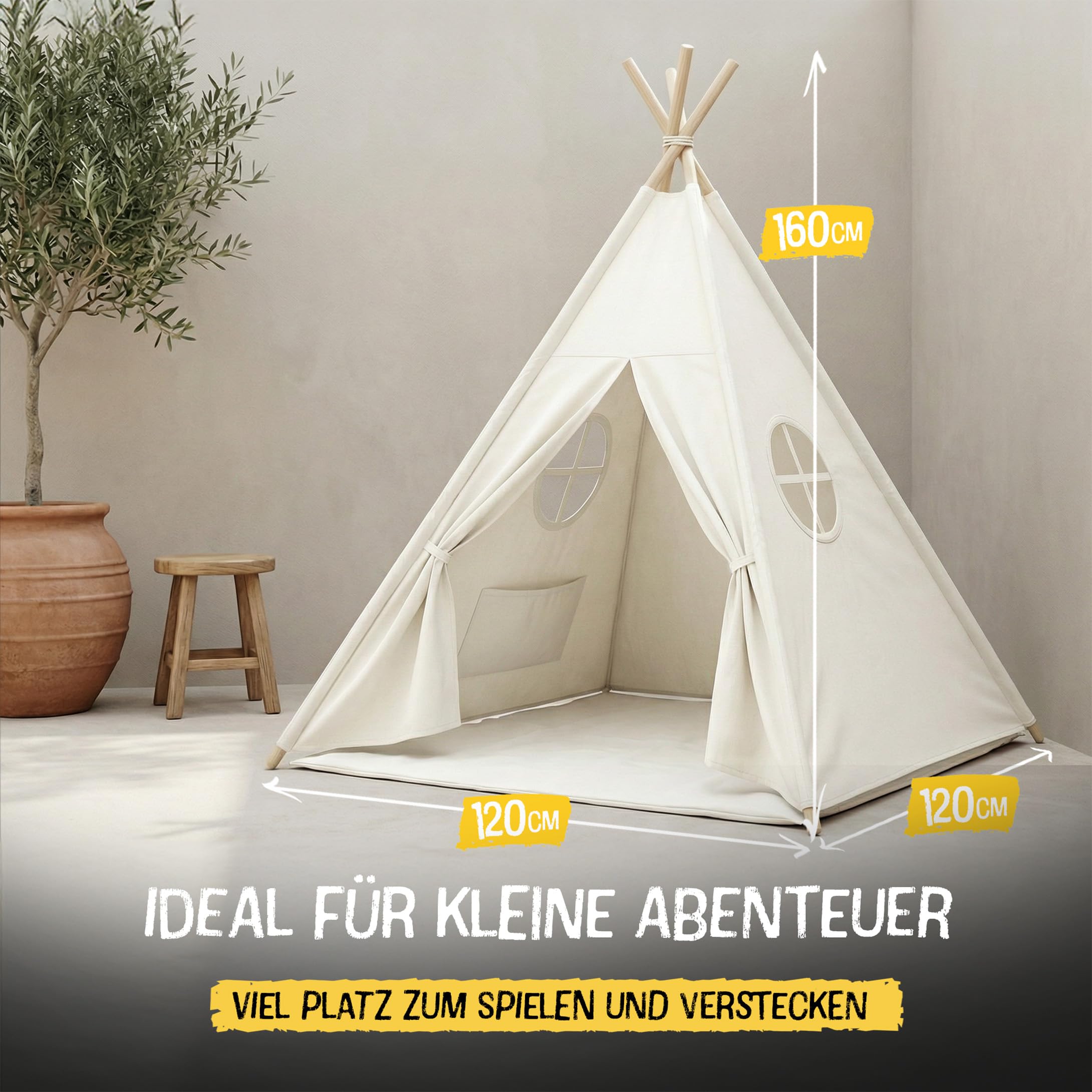 FRIEDO Tipi Zelt für Kinder inkl. Bodenmatte und Stabiler Holzstangen I OEKO-TEX100 zertifiziertes Baumwoll Tippi Kinderzelt Indoor und Outdoor nutzbar I Spielzelt für drinnen z.B. Kinderzimmer