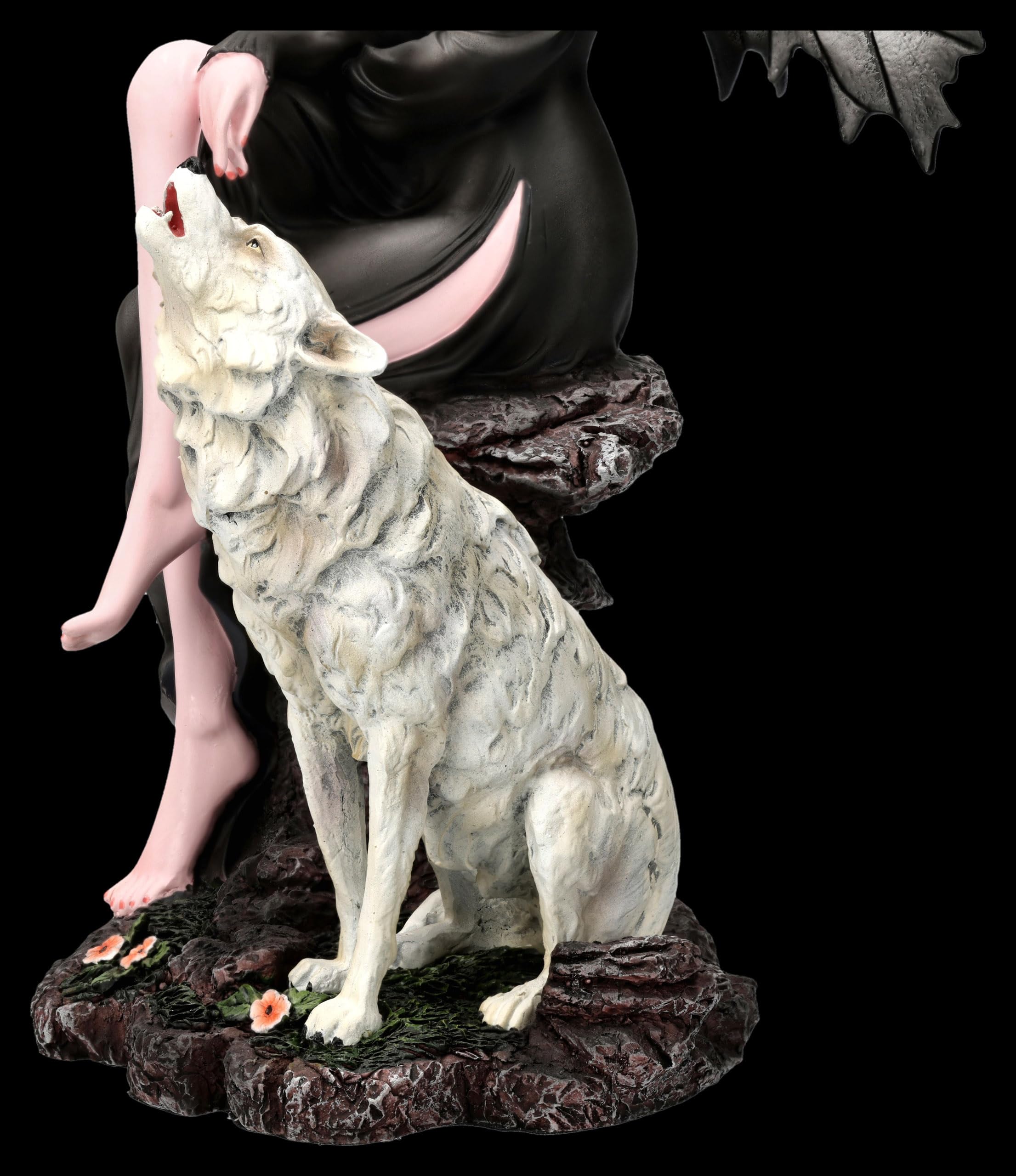 Figuren Shop GmbH Elfenfigur – Nyara, Mondwächterin mit Wolf – handbemalte Fantasy-Deko (32 cm) – Tales of Aurelion Collection – Geschenkidee für Nacht- & Mondfreunde