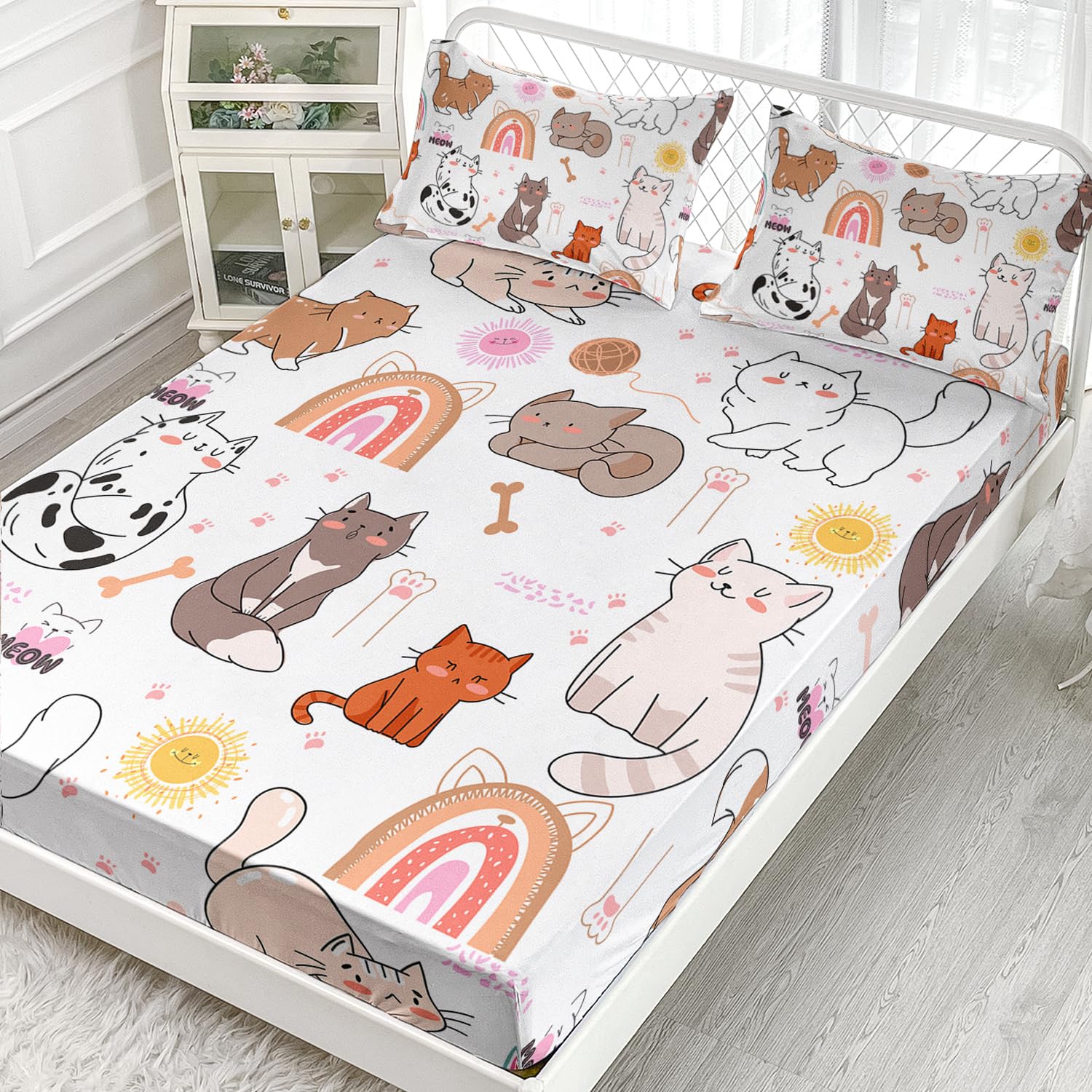 AILONEN Cat Fitted Sheet Set Twin XL Size, Cartoon Cat Bed Sheet Set,Cat Paw Printed Sheets Set for Kids Girls,Rainbow Cat Pattern Bedsheet Set 3 Pieces, 1 Fitted Sheet and 2 Pillowcases
