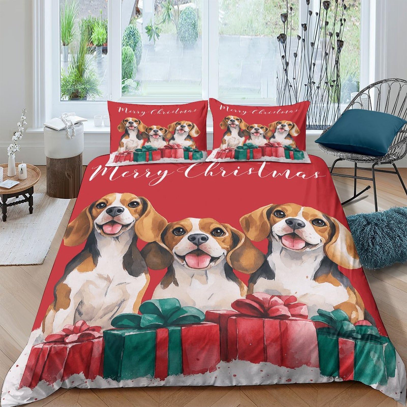 Ctjqhvkz Style-9 3D Printed Beagle Dog Christmas Fitted Sheet Microfiber Red Mattress Cover For Bedroom Dorm Decor Single（135X200cm）