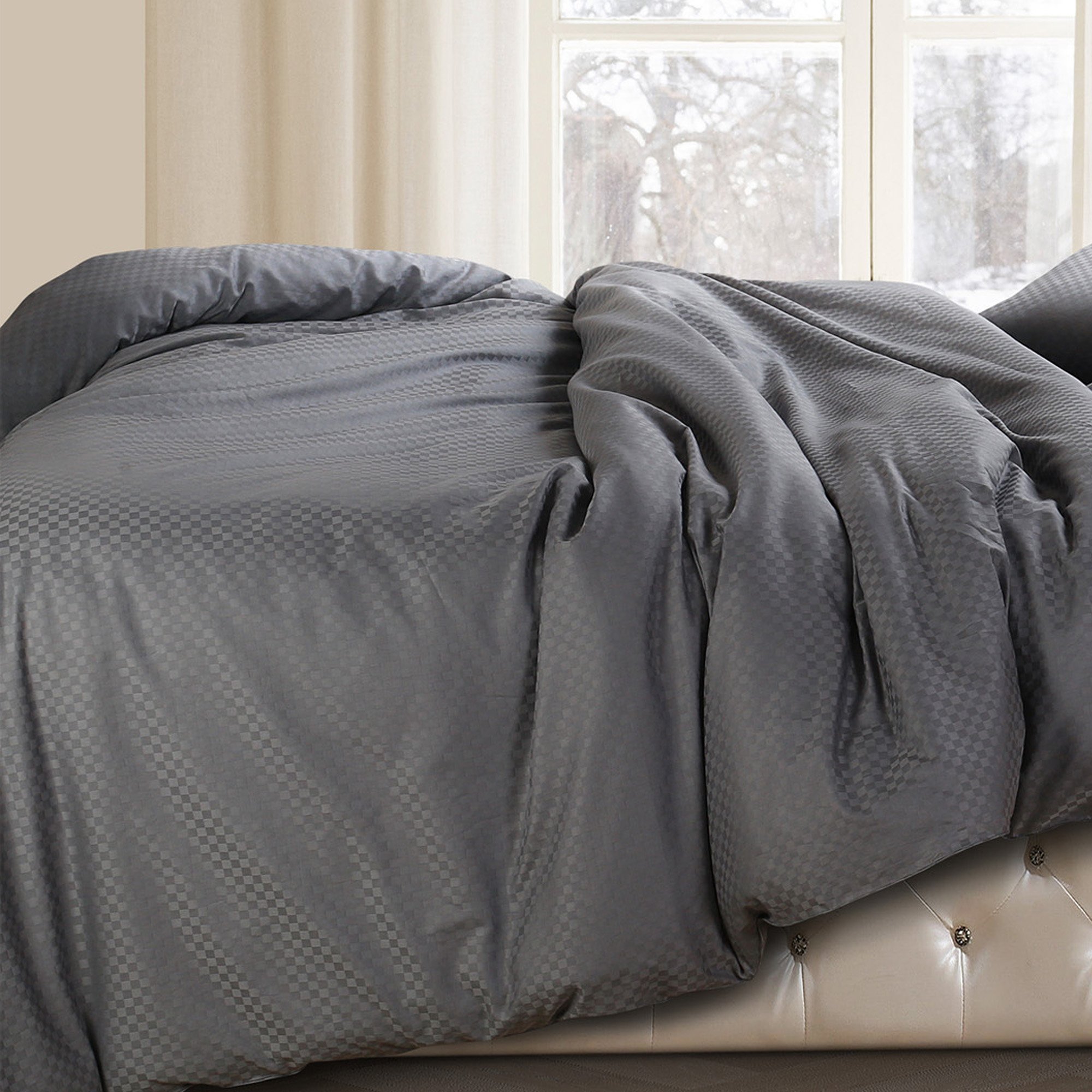 Spread Spain Cotton Oxford 400 Thread Count Geometric Pattern King Size Double Bed Zipper Duvet/Quilt Cover Soft and Comfy Duvet Cover Grey (90" x 108" inch)-image-39
