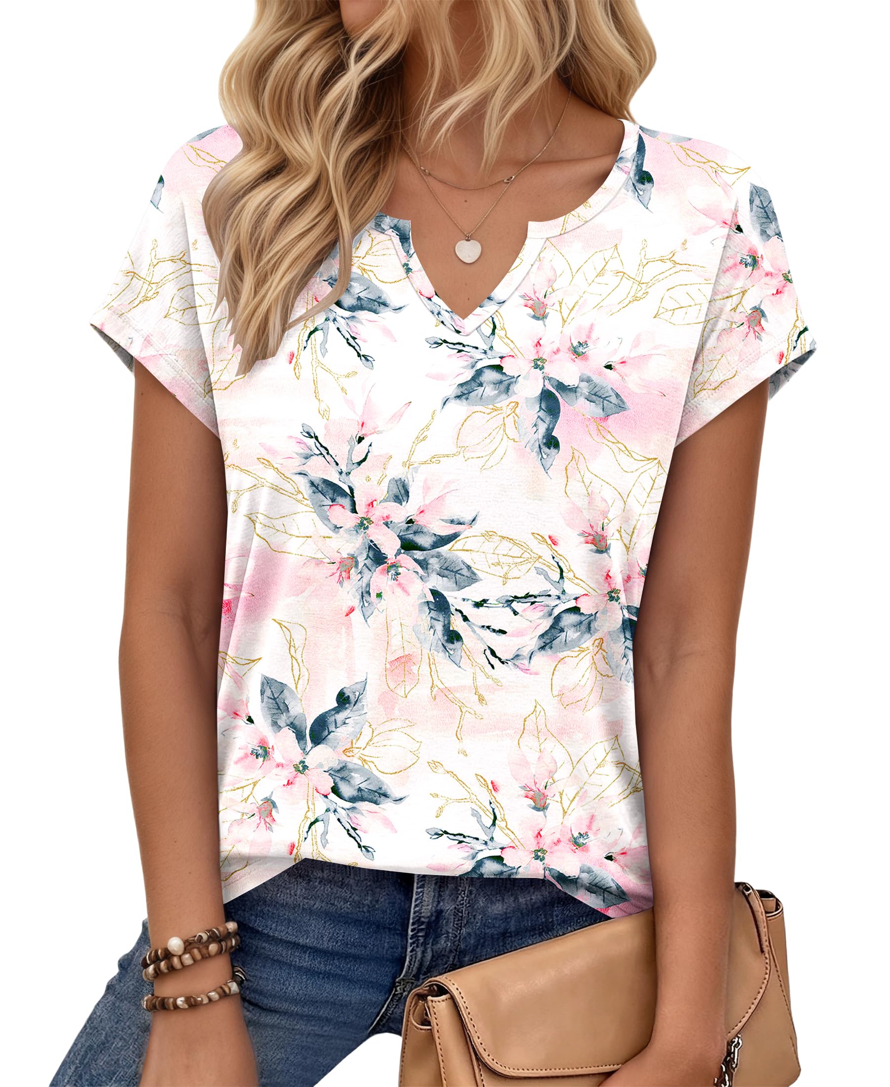 PLOKNRD T-Shirt Damen Sommer V Ausschnitt - Locker Bluse Oberteile Top Damen Leicht und Luftig mit Flügelärmeln