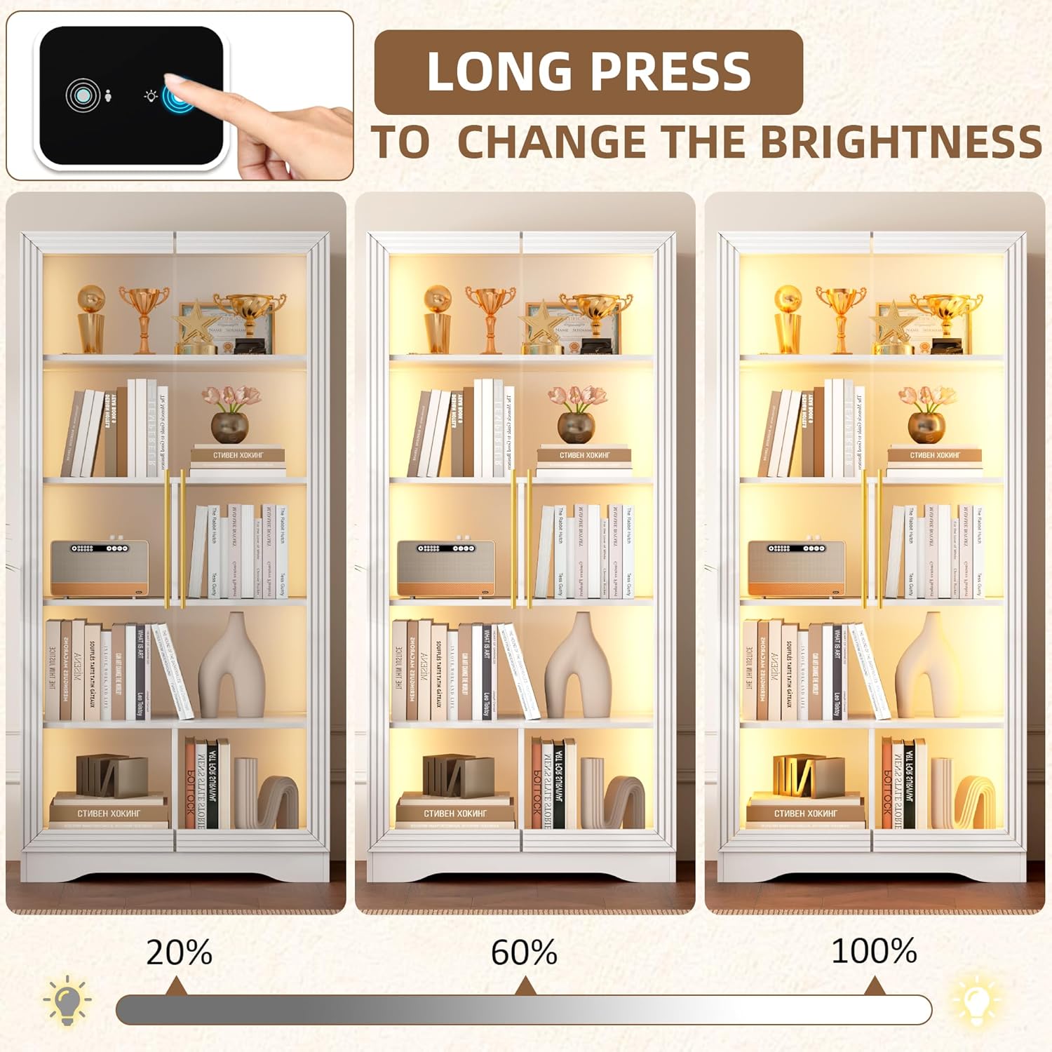 LVSOMT Display Cabinet with Glass Doors, 65" Tall Bookcase with LED Lights and Human Body Sensor, Display Case for Collectibles with Storage, Home Office, Living Room, White