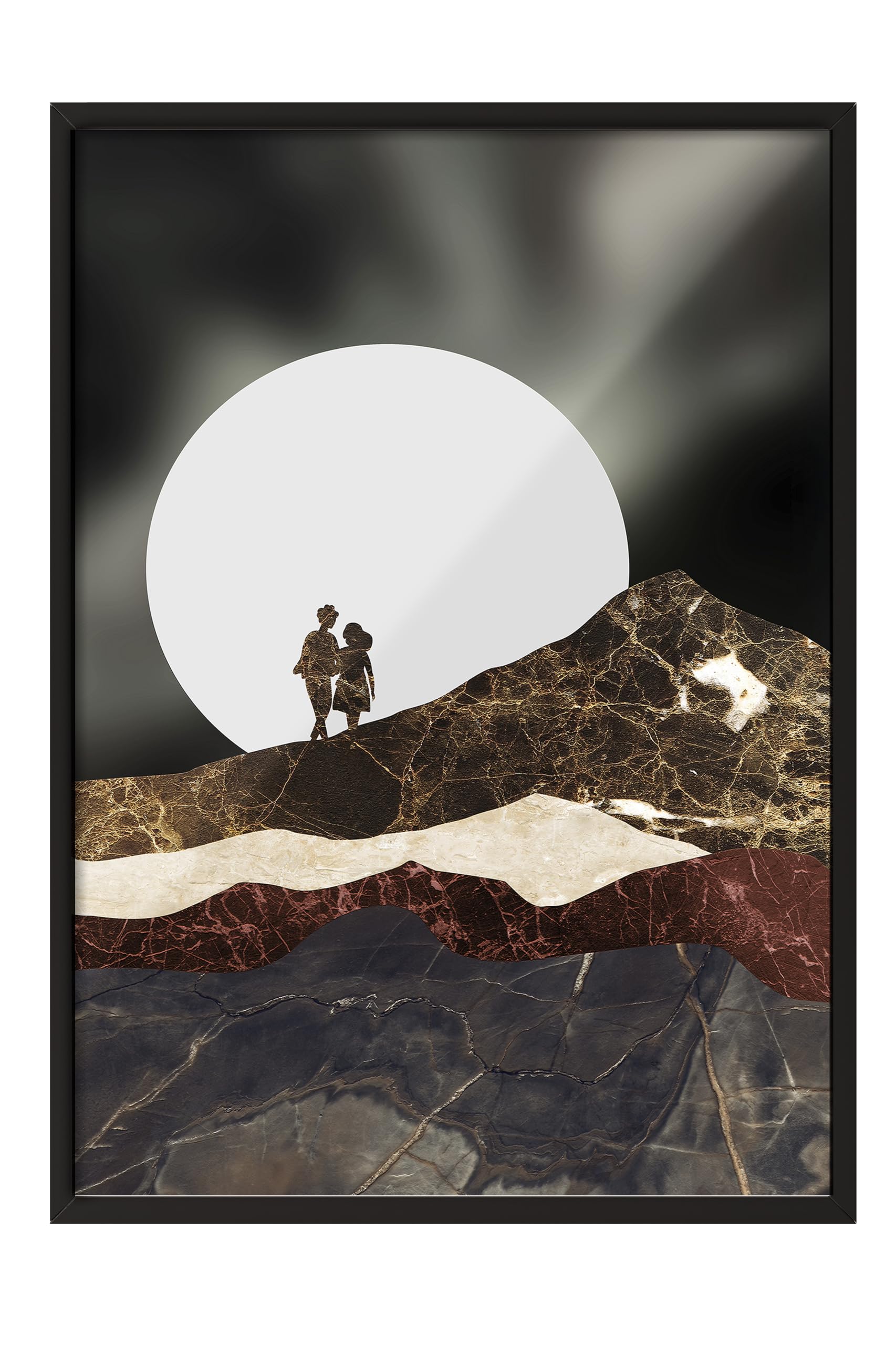 Zestia Siyah Çerçeveli Tablo, Çift Silueti, Büyük Ay Arka Planı, Kolaj Stil Poster No: 106604 30 x 40