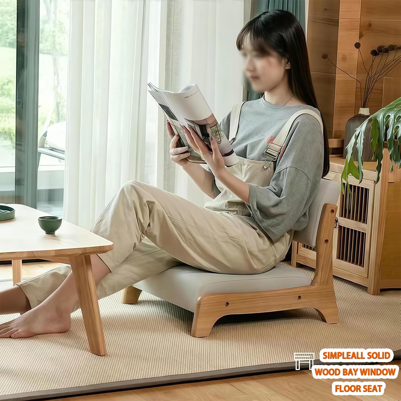 Silla de suelo con soporte para el respaldo, asiento de meditación portátil de madera sin brazos, cojín suave para sala de estar, dormitorio y lectura