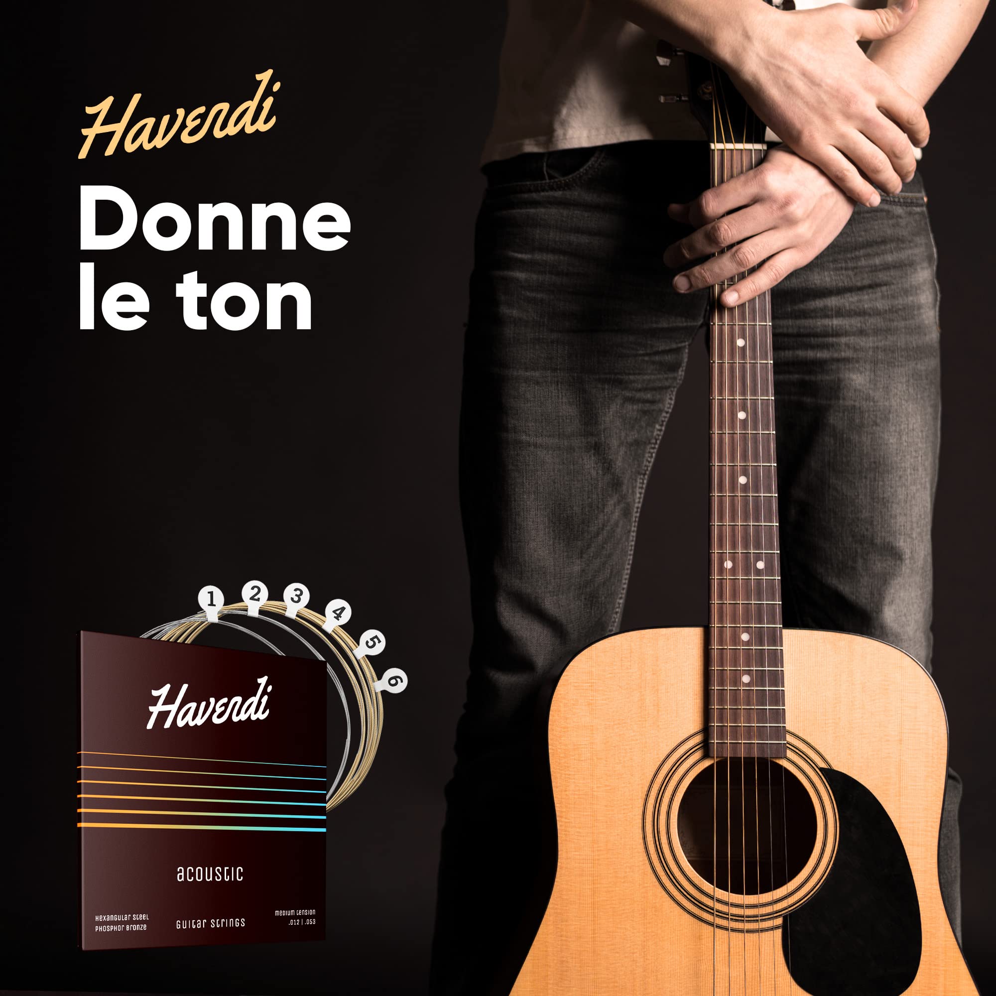 HAVENDI® Cordes de guitare acoustique avec revêtement en bronze phosphoreux I Qualité sonore brillante I Comprend 3 médiators