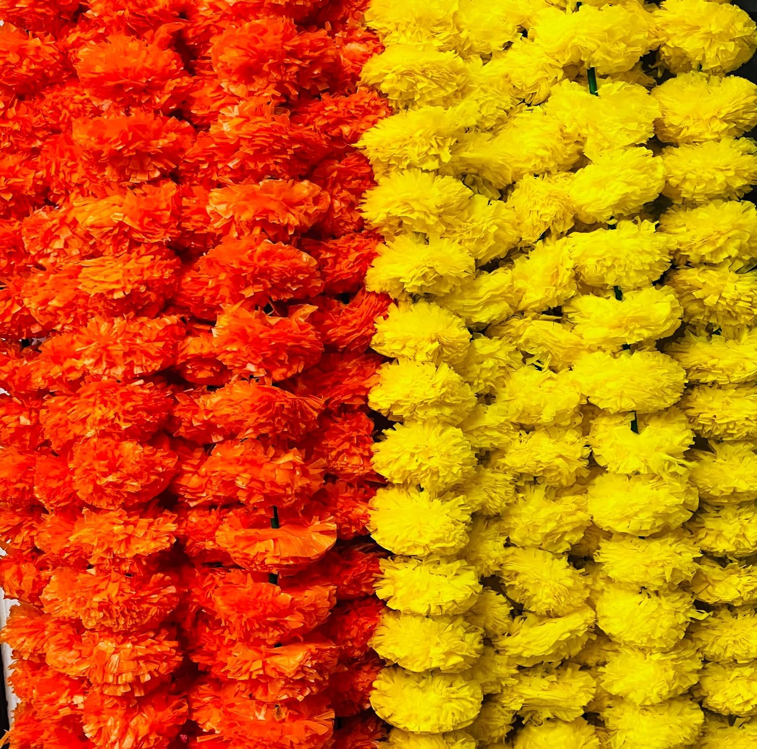 ZHENGTU Artificial Marigold Flowers Garland With Bell for Diwali & Festivals | 5 Feet Long 10 Pcs With 2 Diya (Orange and Yellow)