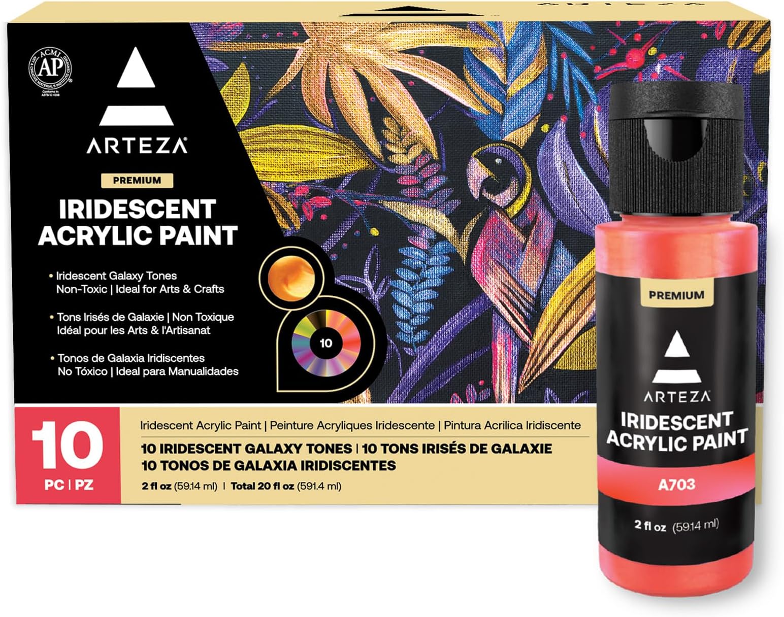 Iridescent Acrylic Paint Set, 60 ml Bottles, 10 Chameleon Colors, High Viscosity Shimmer Paint, Water-Based, Blendable, for Canvas, Wood, Rocks, Fabrics, Ceramics & Glass