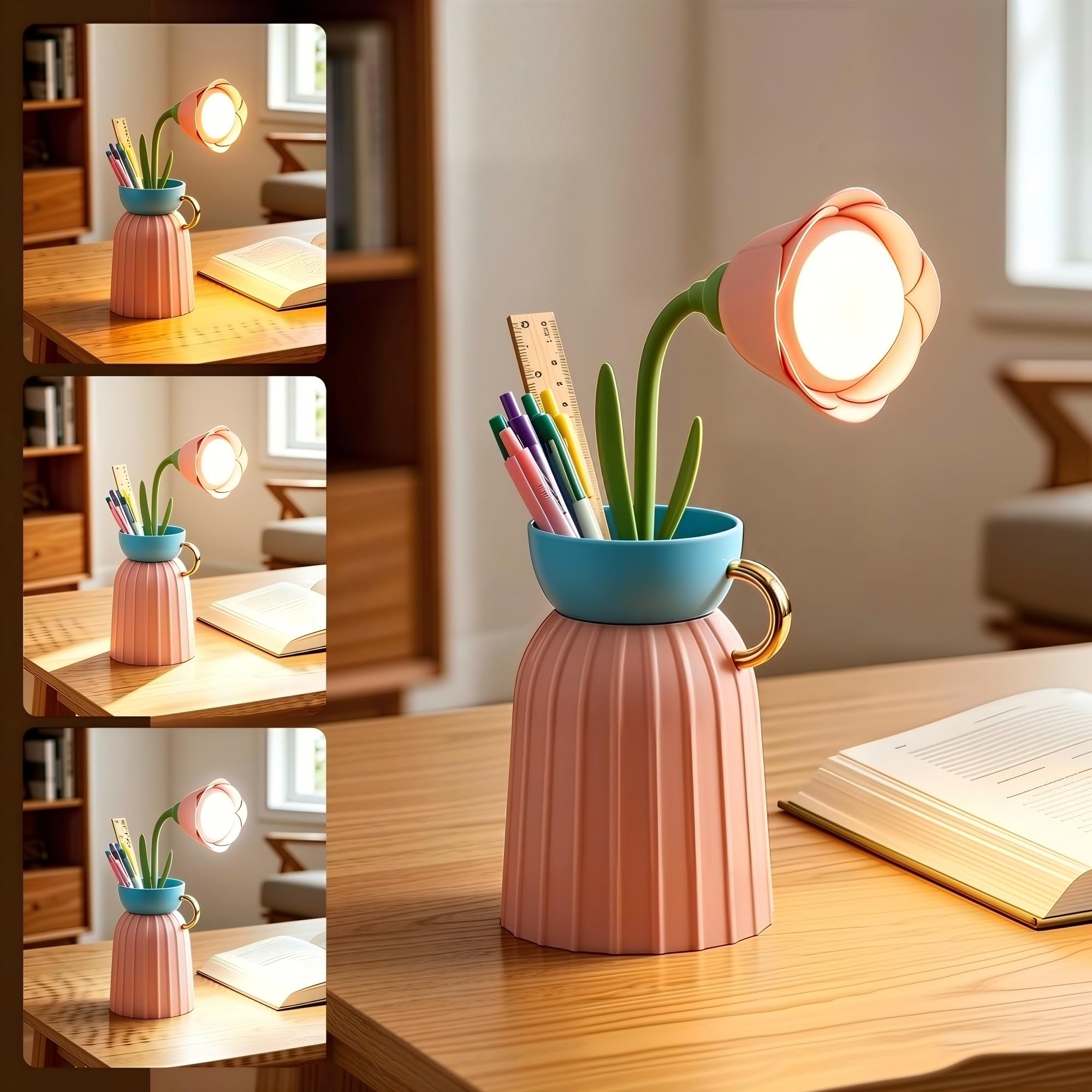Pink Desk Lamp - LED Flower Desk Lamp Girls Bedside Lamp, Eye-Friendly Flower Desk Lamp with Vase and Pen Holder-3 Color Modes with Adjustable Dimming, Girls Bedside Lamp for Children Reading Study