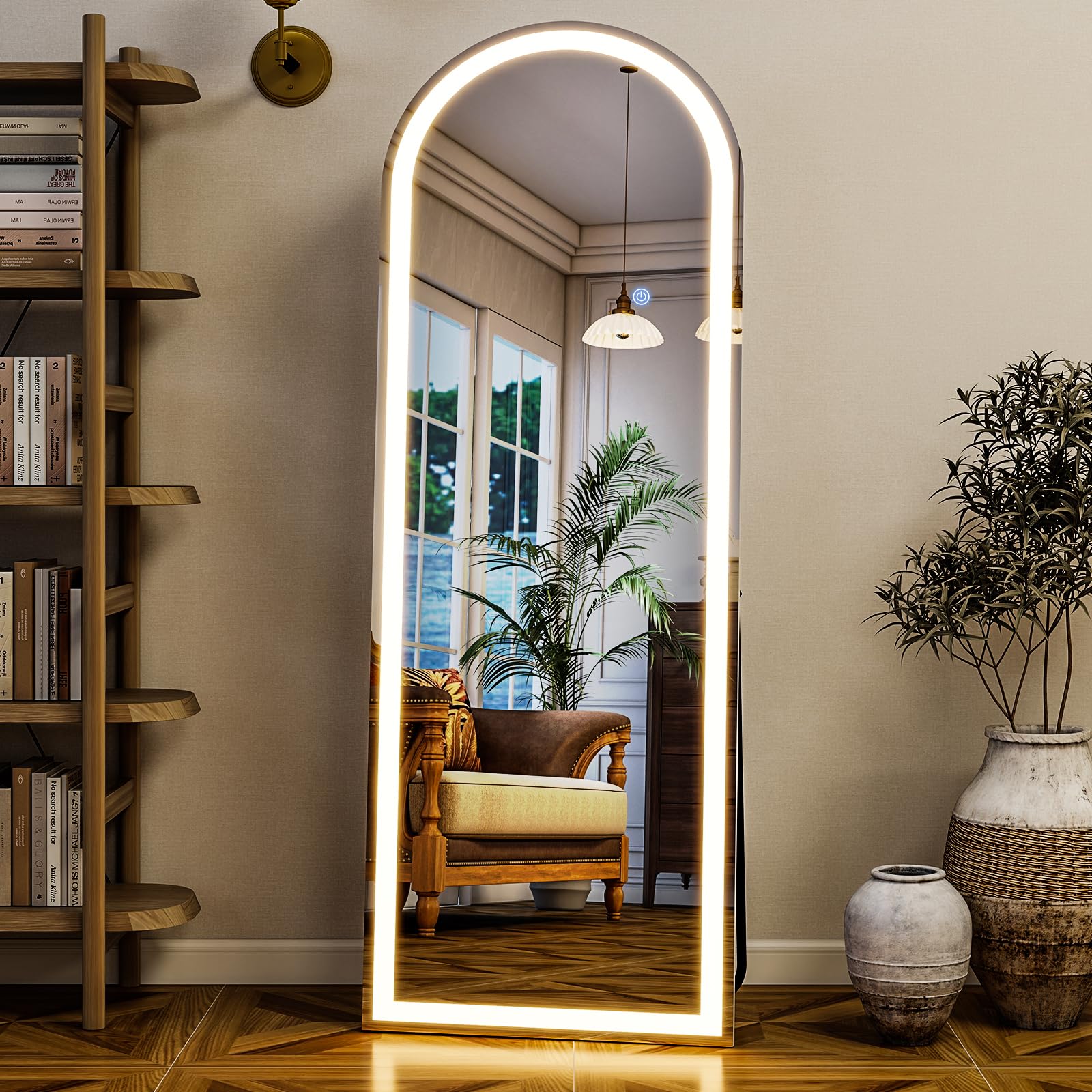 GLSLAND Arched LED Full Length Mirror - 56" x 20" Mirror Full Length with Light Standing Mirror with Light for Bedroom/Cloakroom -Dimmable & 3 Color Lighting/Wall Mounted Full Body Mirror