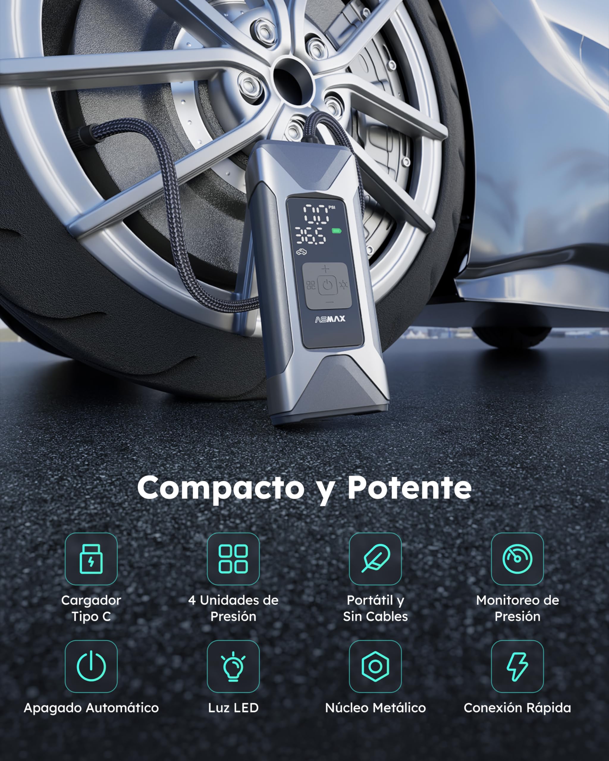 ASMAX Compresor Aire Portatil 7500mAh, 160PSI/11Bar Inflador Electrico con Manómetro, Batería Recargable, Pantalla LCD, 5 Modos Bomba de Aire para Coche, Moto, Bicicleta, Pelota, con Linterna LED